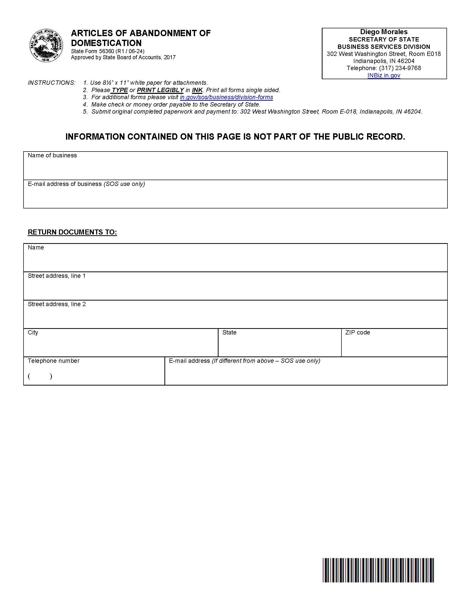 Articles Of Abandonment Of Domestication {56360} | Pdf Fpdf Docx | Indiana