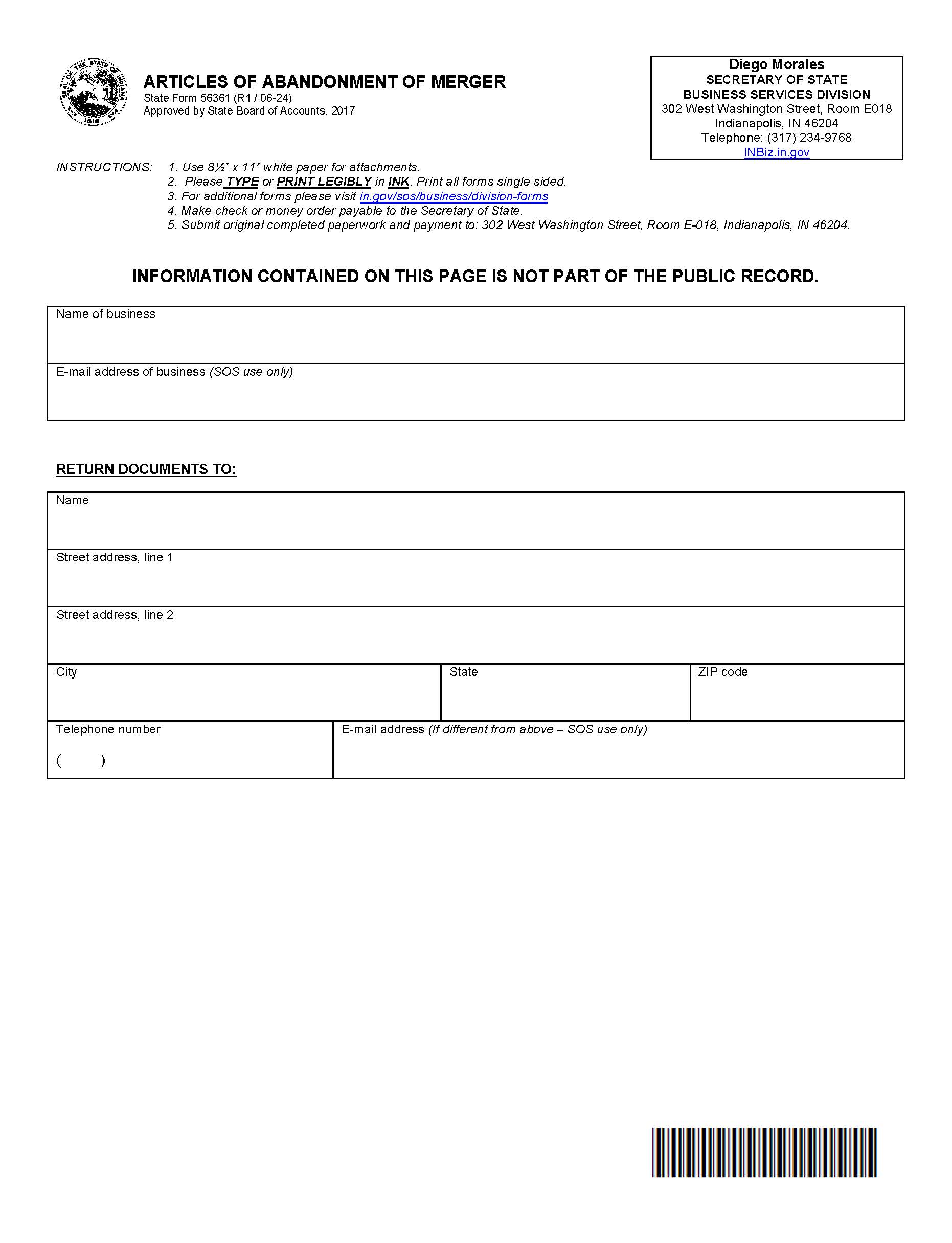 Articles Of Abandonment Of Merger {56361} | Pdf Fpdf Docx | Indiana