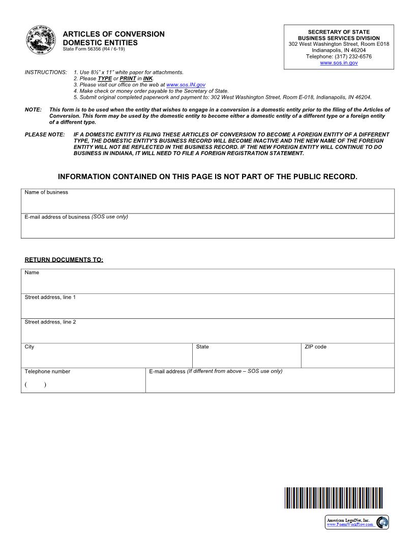 Articles Of Conversion Domestic Entities {56356} | Pdf Fpdf Docx | Indiana