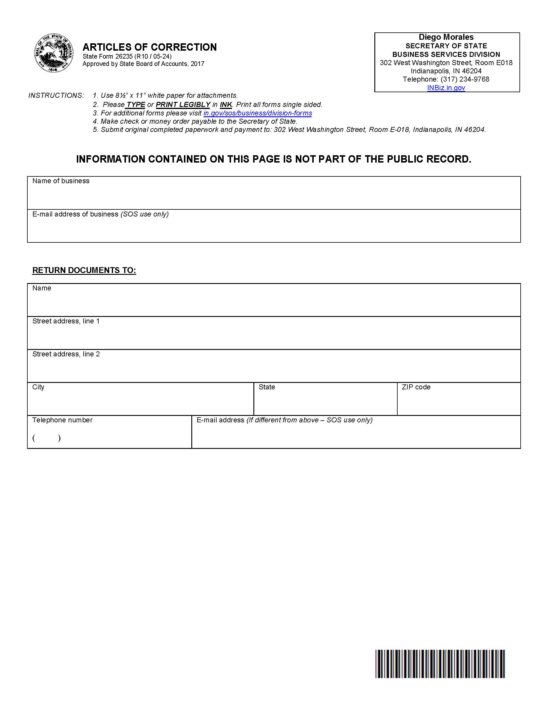 Articles Of Correction {26235} | Pdf Fpdf Docx | Indiana