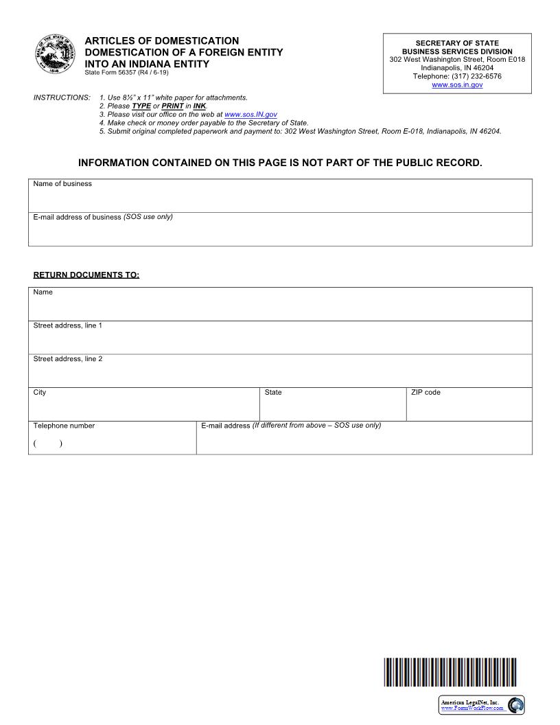 Articles Of Domestication Of Foreign Entity Into IN Entity {56357} | Pdf Fpdf Docx | Indiana