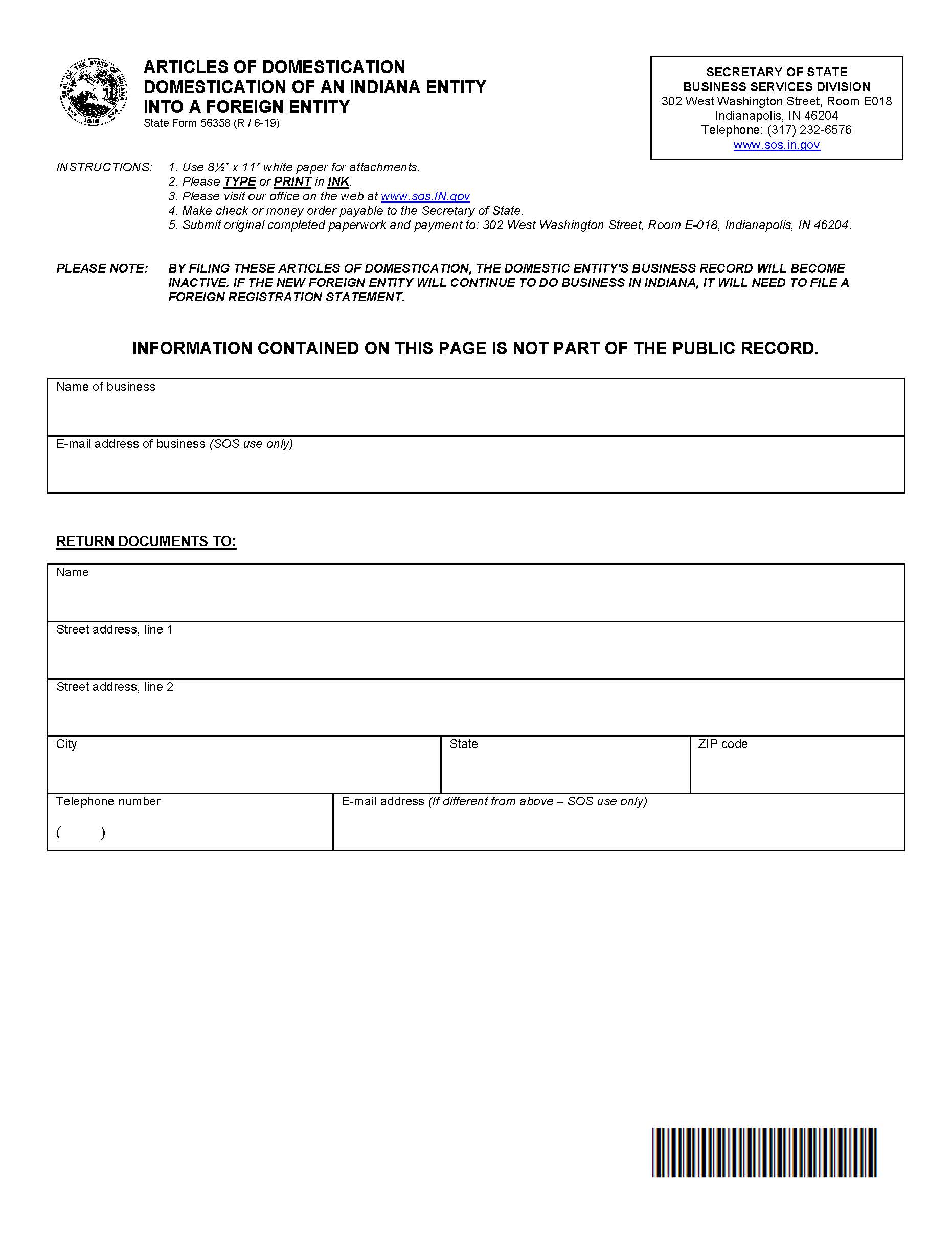 Articles Of Domestication Of IN Entity Into Foreign Entity {56358} | Pdf Fpdf Docx | Indiana