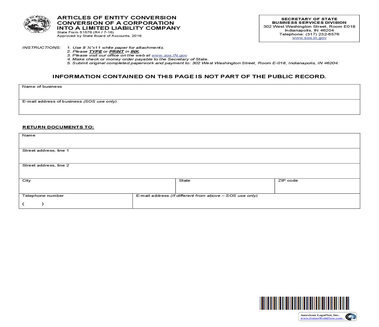 Articles Of Entity Conversion -- Conversion Of A Corporation Into A Limited Liability Company {51576} | Pdf Fpdf Doc Docx | Indiana