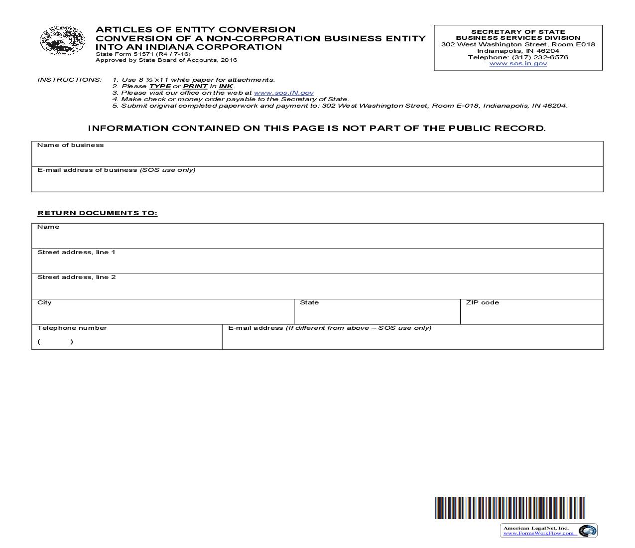 Articles Of Entity Conversion -- Conversion Of A Non-Corporation Business Entity Into An Indiana Corporation {51571} | Pdf Fpdf Doc Docx | Indiana