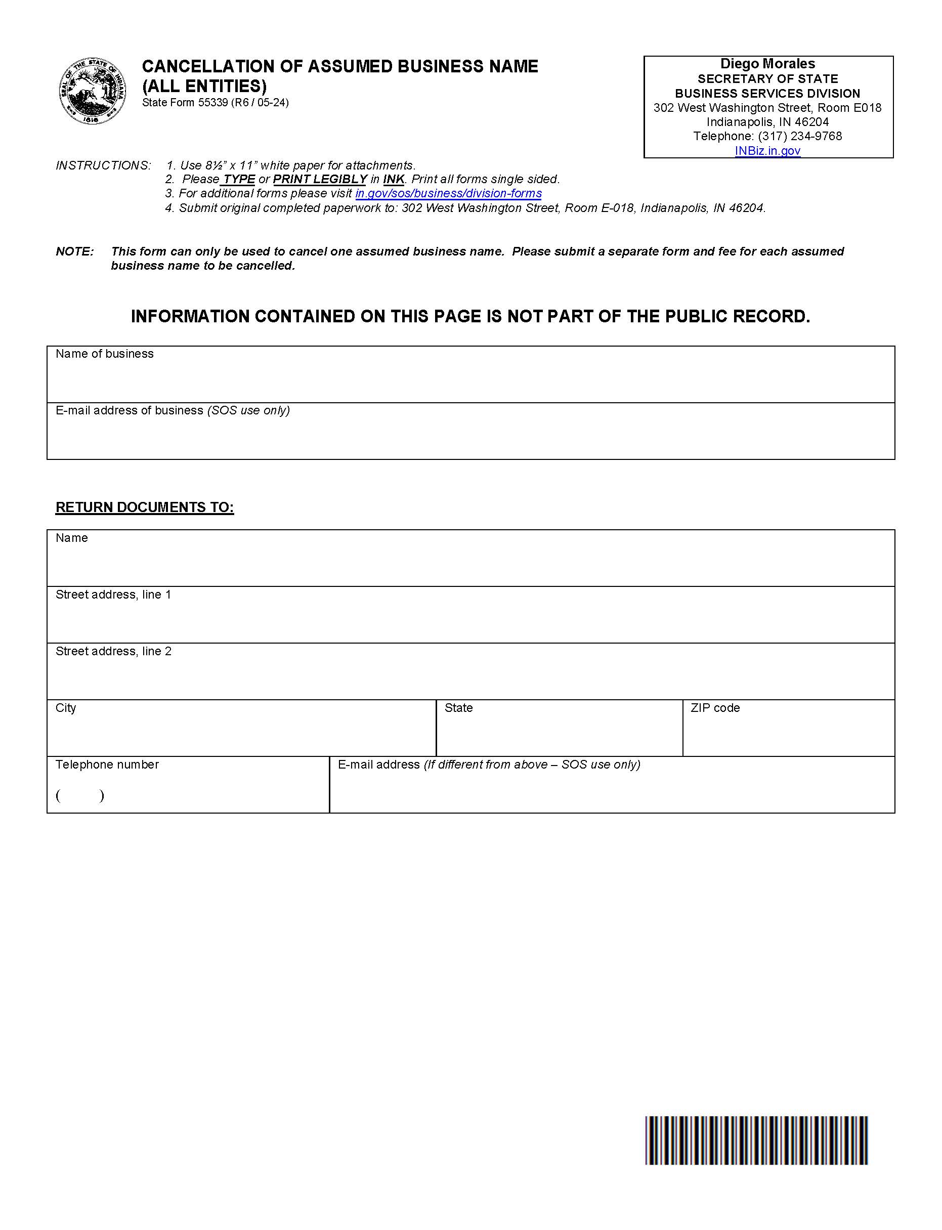 Cancellation Of Assumed Business Name {55339} | Pdf Fpdf Docx | Indiana