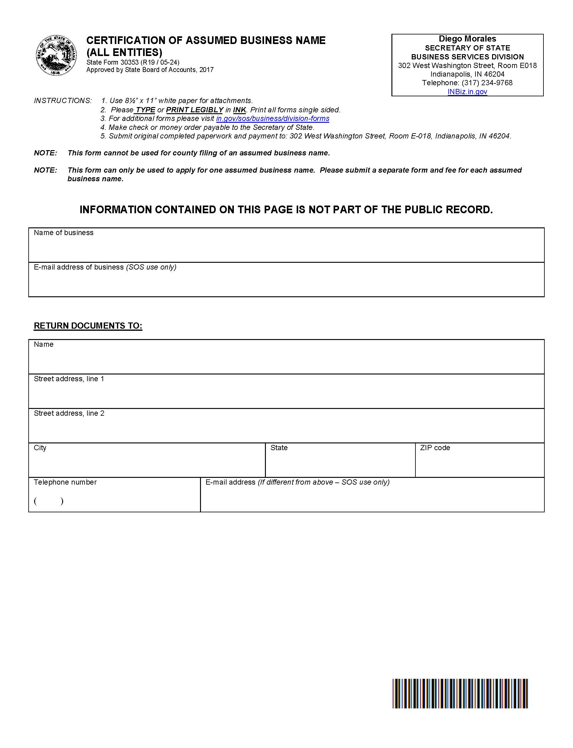 Certificate Of Assumed Business Name {30353} | Pdf Fpdf Docx | Indiana