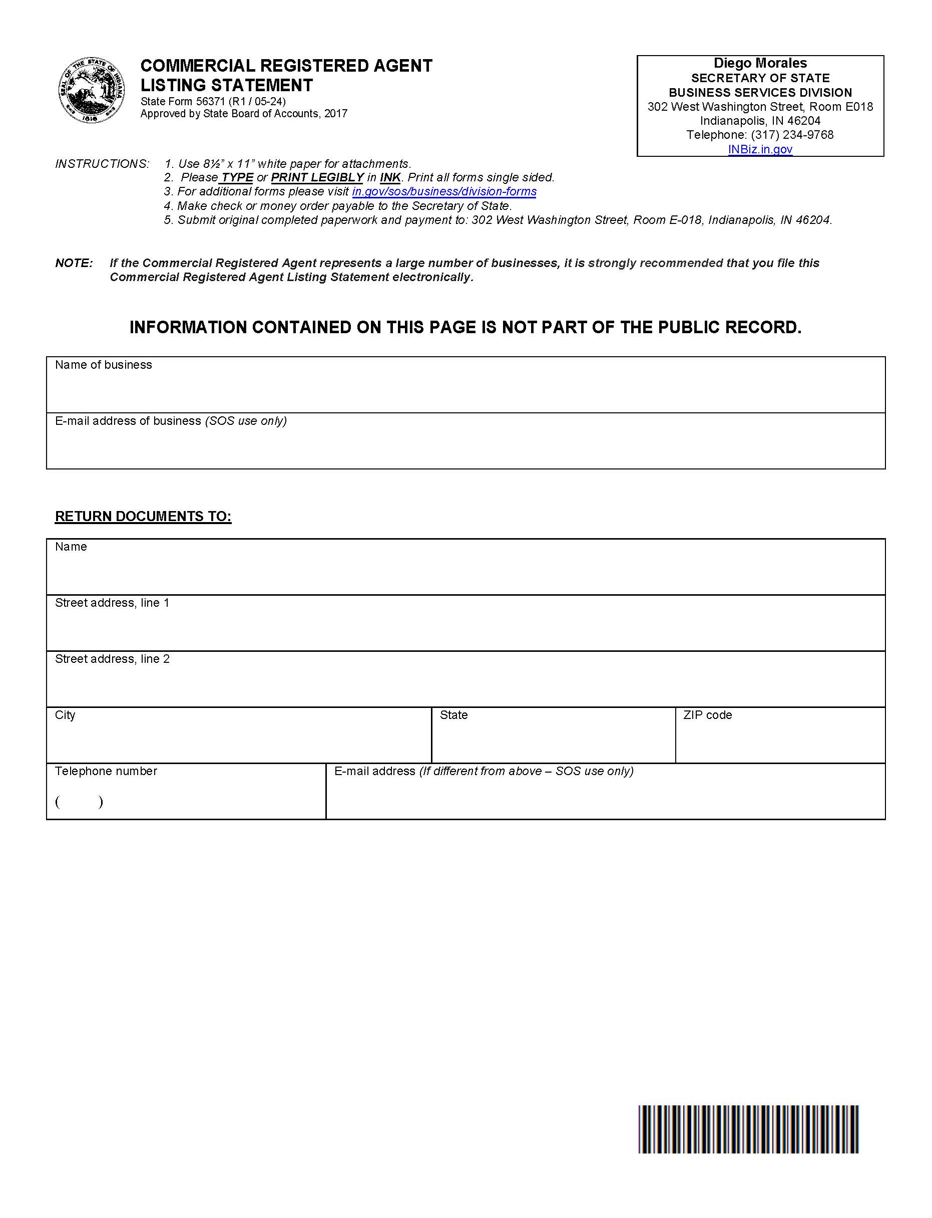 Commercial Registered Agent Listing Statement {56371} | Pdf Fpdf Docx | Indiana