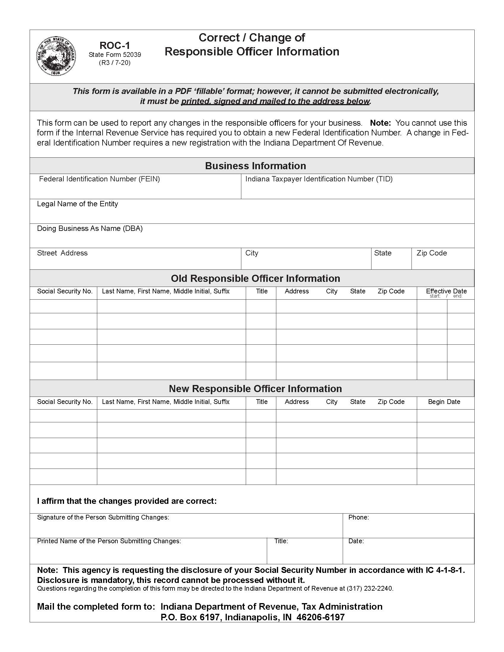 Correct Or Change Of Responsible Officer Information {ROC-1} | Pdf Fpdf Doc Docx | Indiana