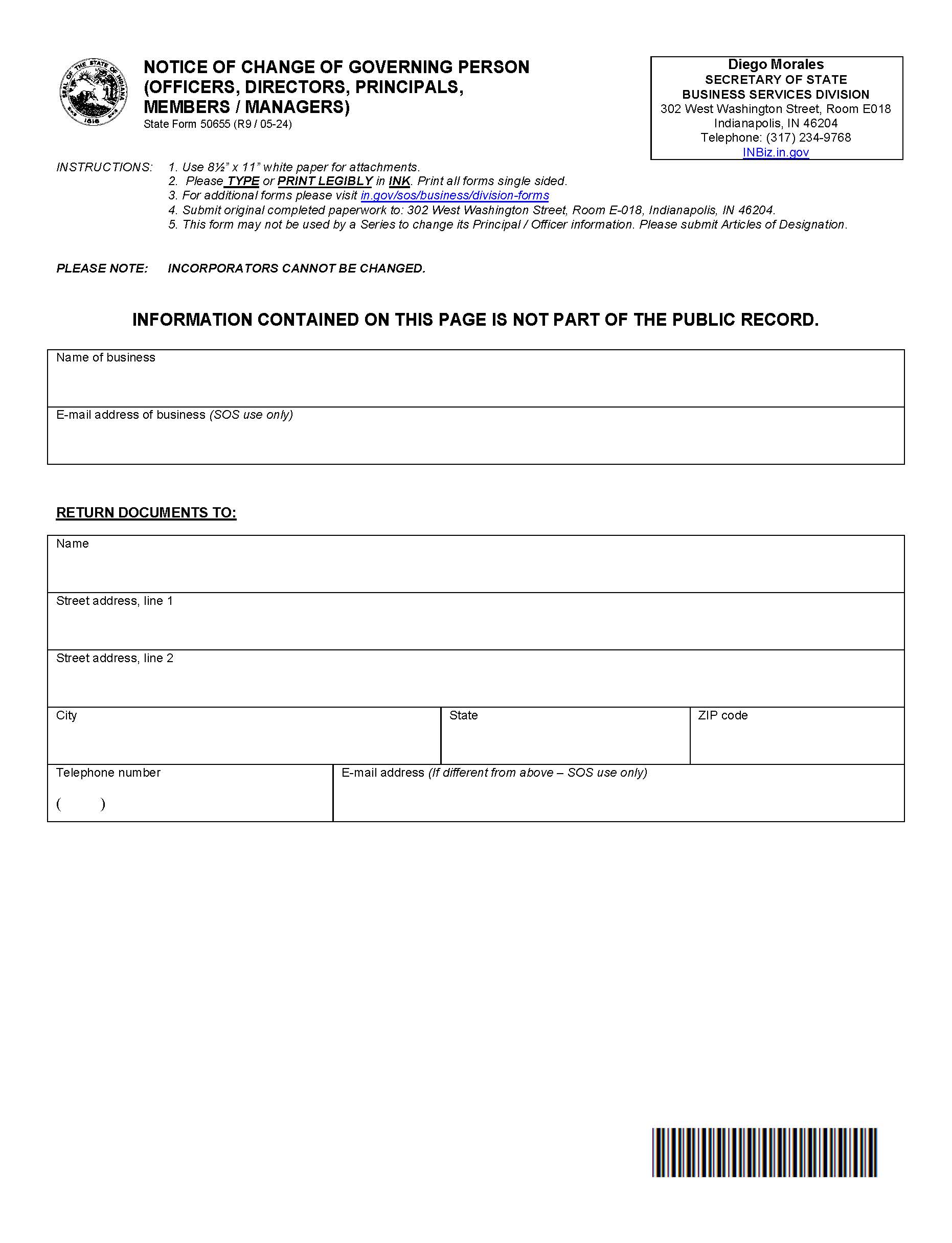 Notice Of Change Of Governing Person {50655} | Pdf Fpdf Docx | Indiana