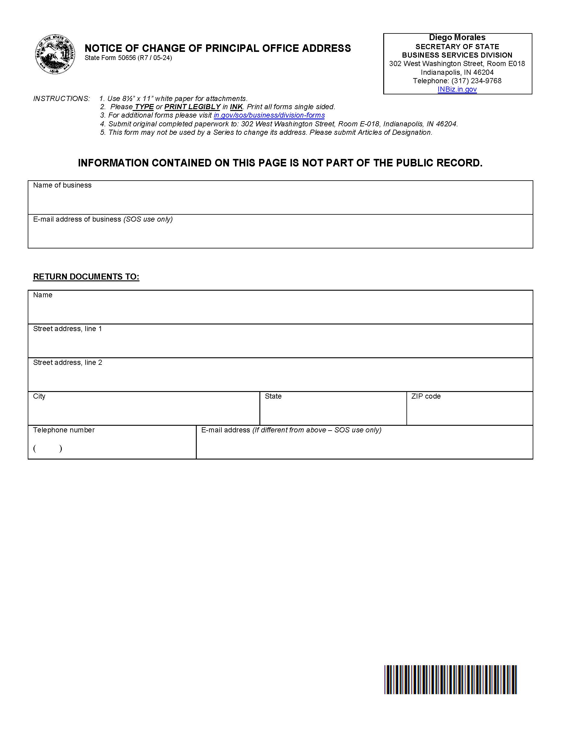 Notice Of Change Of Principal Office Address {50656} | Pdf Fpdf Docx | Indiana