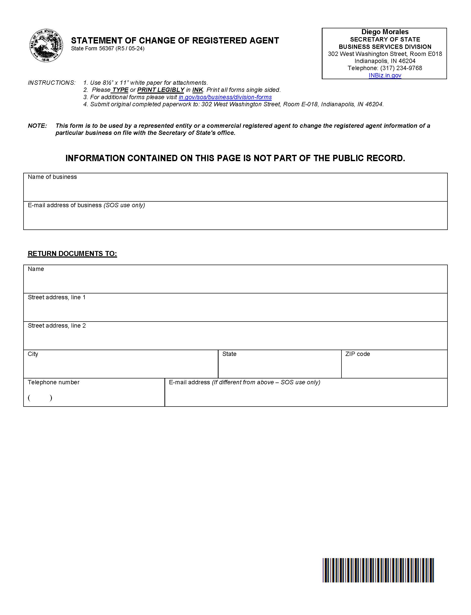 Statement Of Change Of Registered Agent {56367} | Pdf Fpdf Docx | Indiana