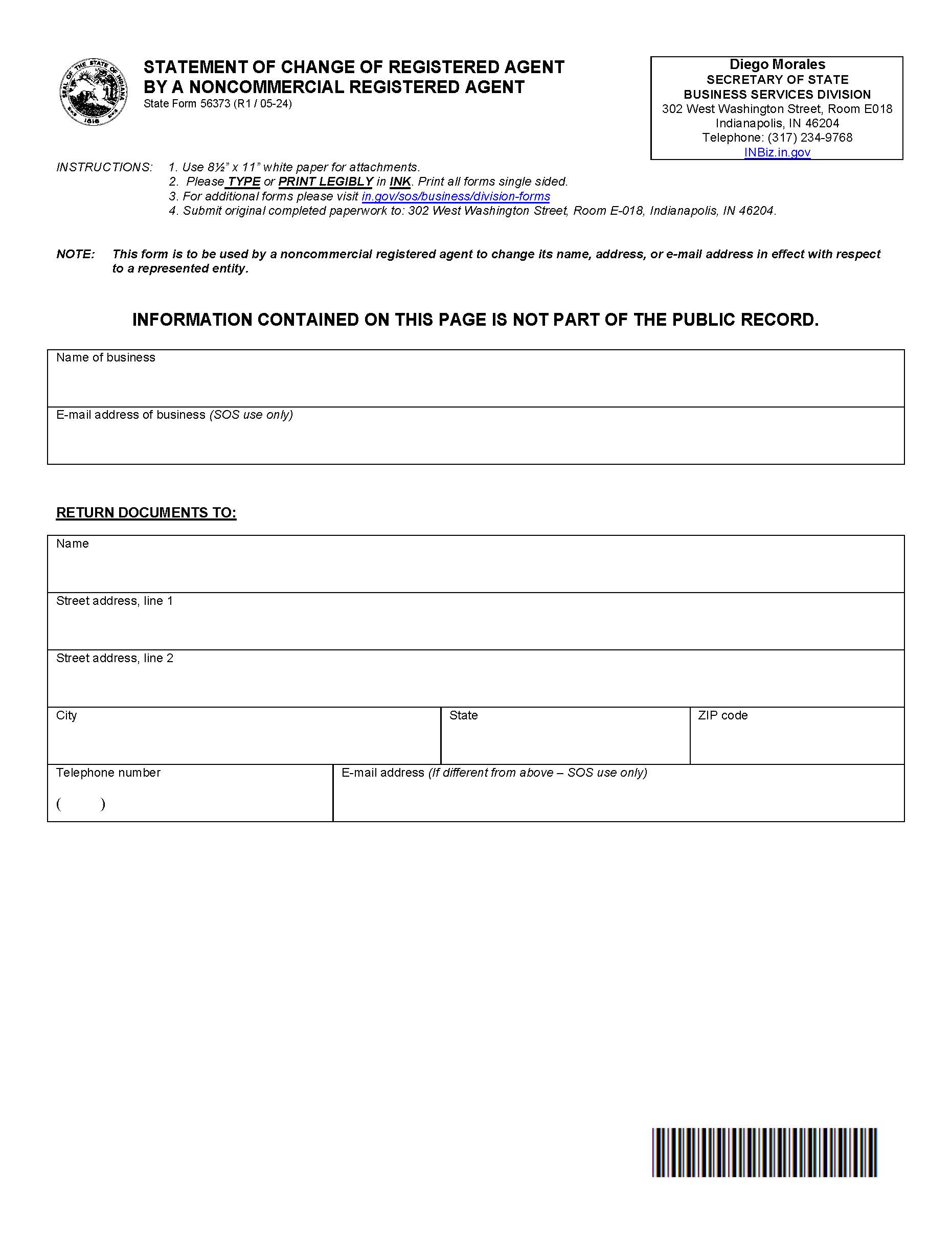 Statement Of Change Of Registered Agent By Noncommercial Registered Agent {56373} | Pdf Fpdf Docx | Indiana