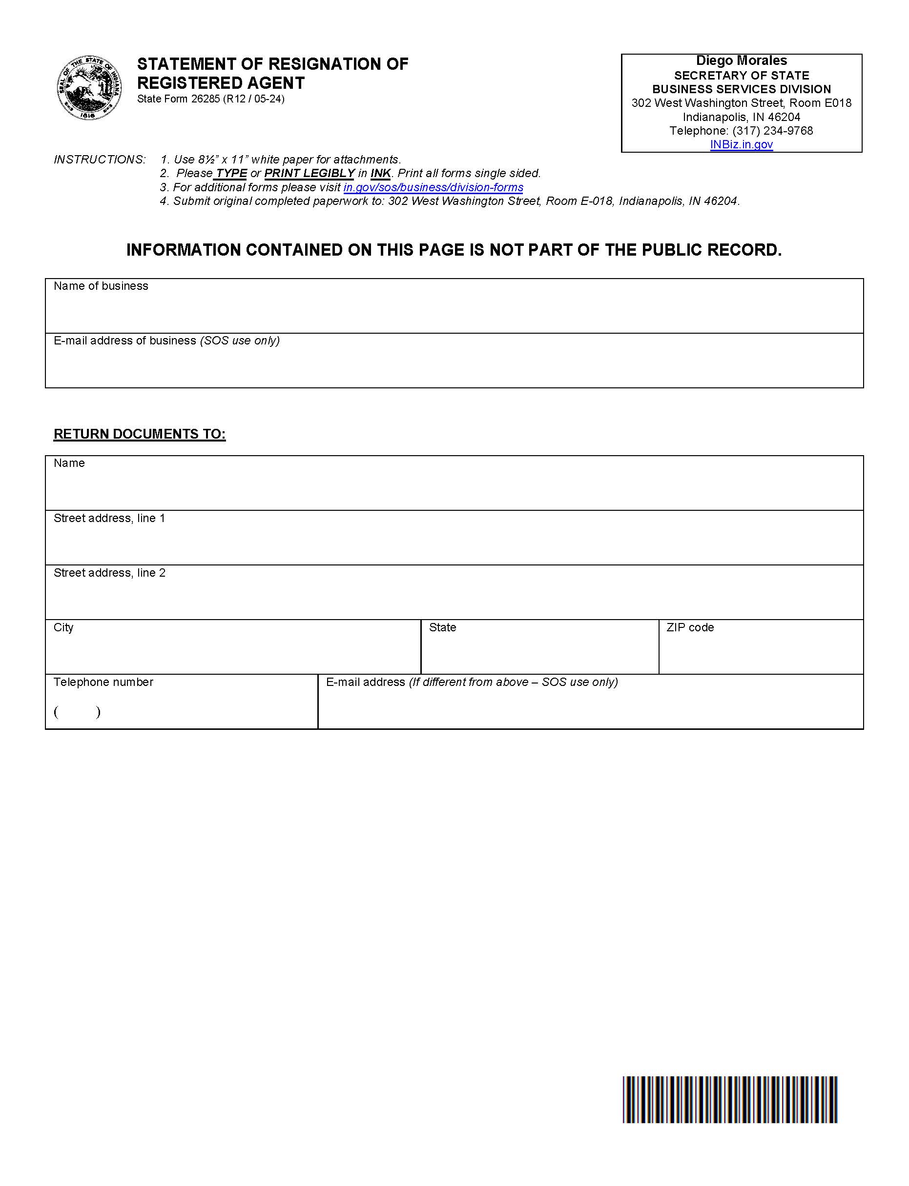 Statement Of Resignation Of Registered Agent {26285} | Pdf Fpdf Docx | Indiana