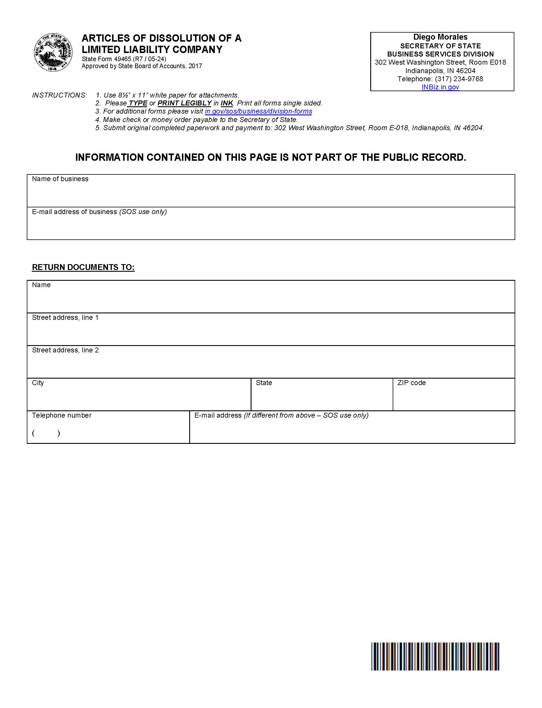 Articles Of Dissolution Of LLC {49465} | Pdf Fpdf Docx | Indiana