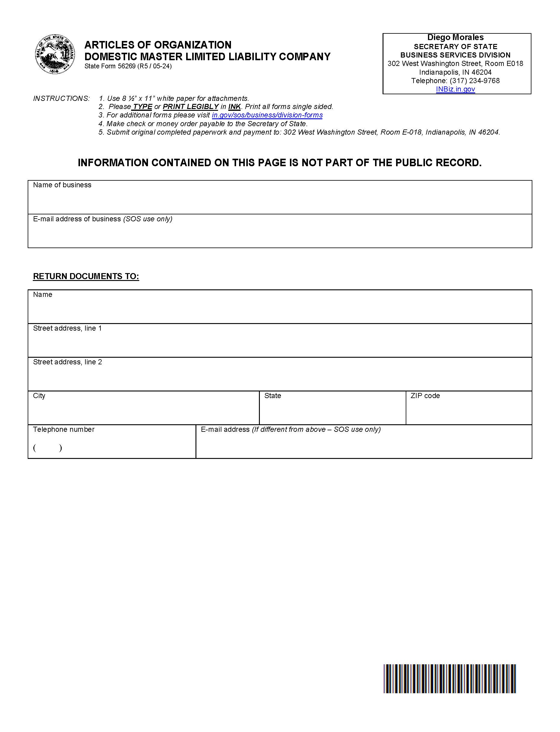 Articles Of Organization Domestic Master LLC {56269} | Pdf Fpdf Docx | Indiana
