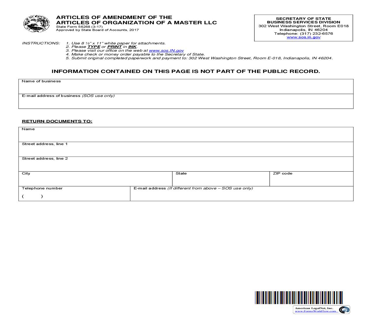 Articles Of Amendment Of Articles Of Organization Of Master LLC (Series) {56268} |  Docx | Indiana