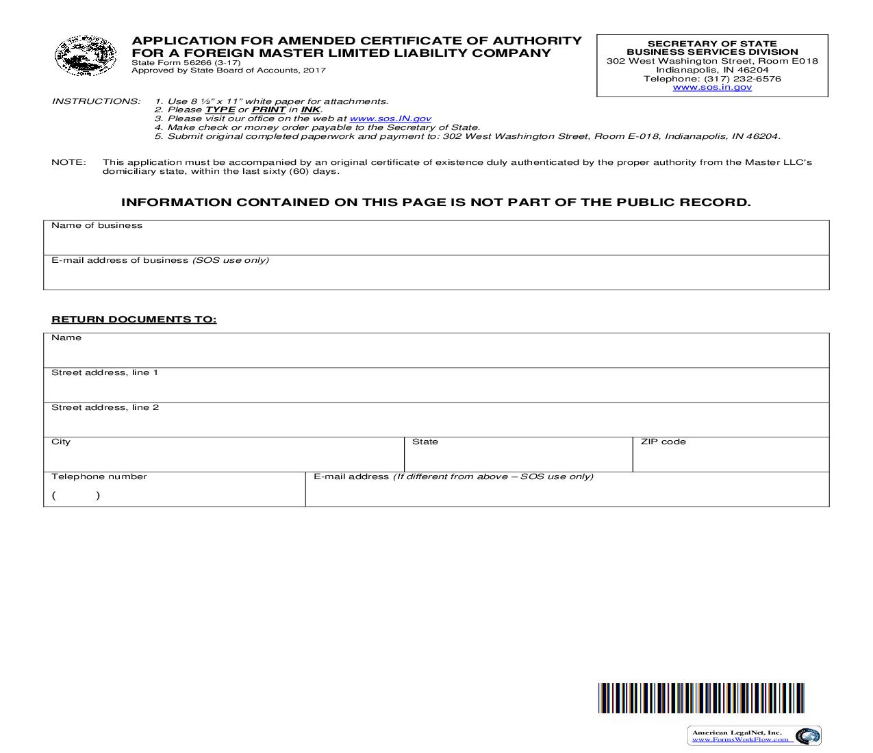 Application For Amended Certificate Of Authority For Foreign Master LLC {56266} |  Docx | Indiana