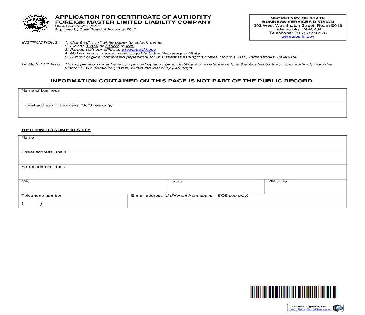 Application For Certificate Of Authority Foreign Master LLC {56267} |  Docx | Indiana