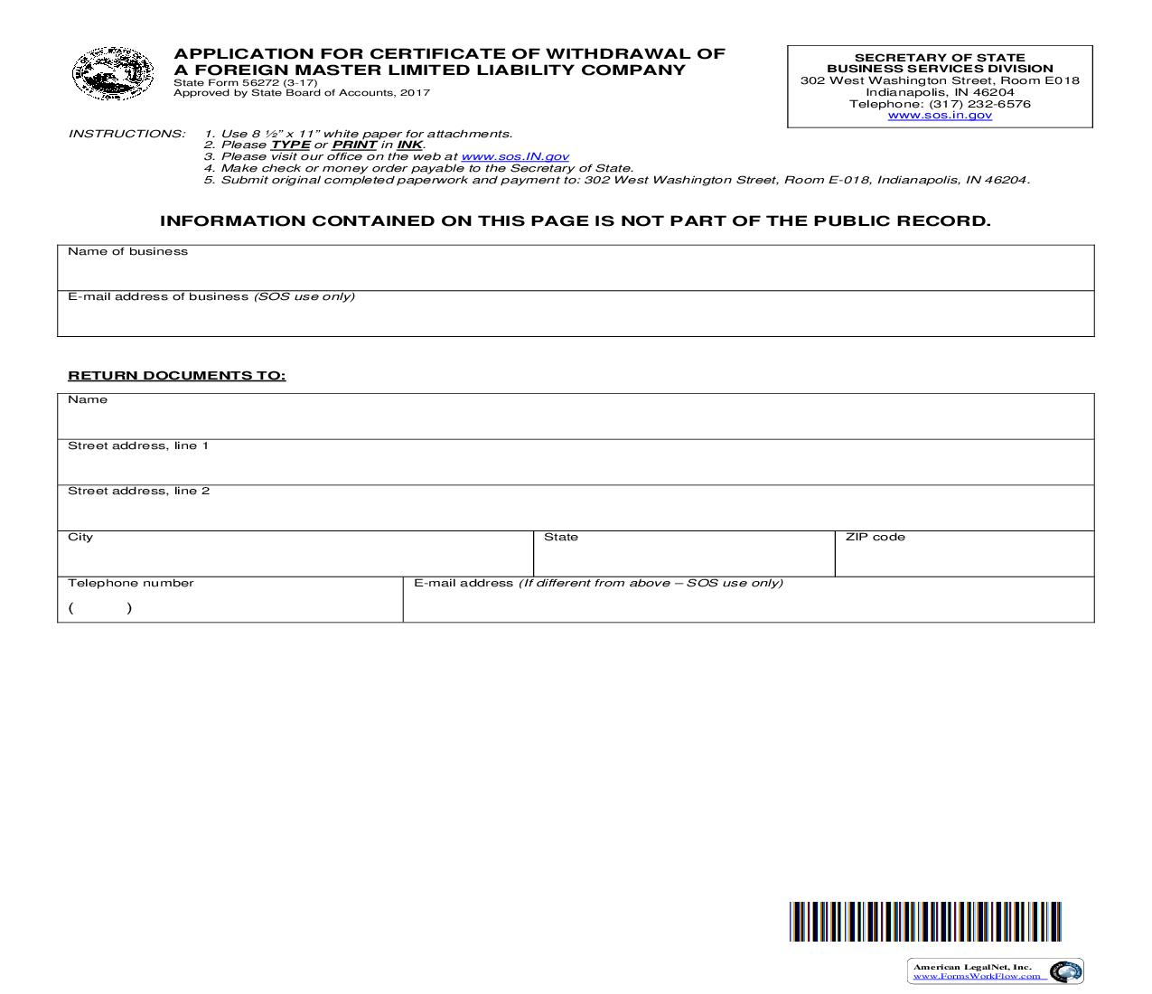 Application For Certificate Of Withdrawal Of Foreign Master LLC {56272} |  Docx | Indiana