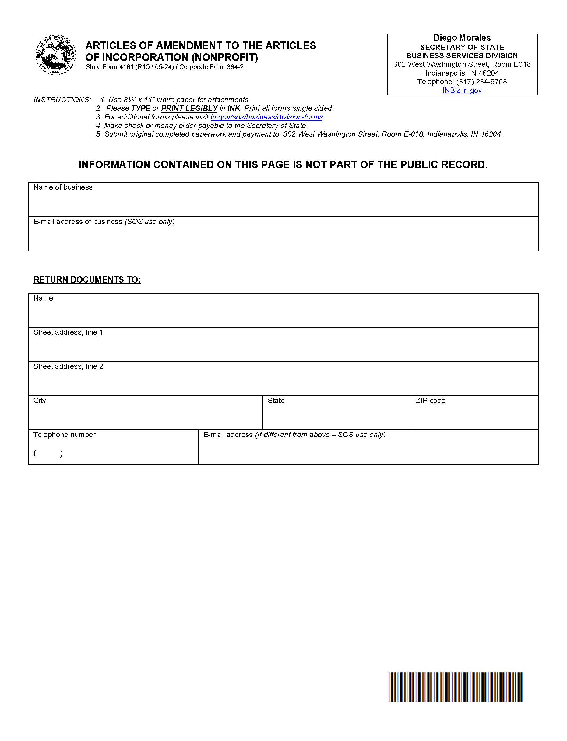 Articles Of Amendment To Articles Of Incorporation {4161} | Pdf Fpdf Docx | Indiana