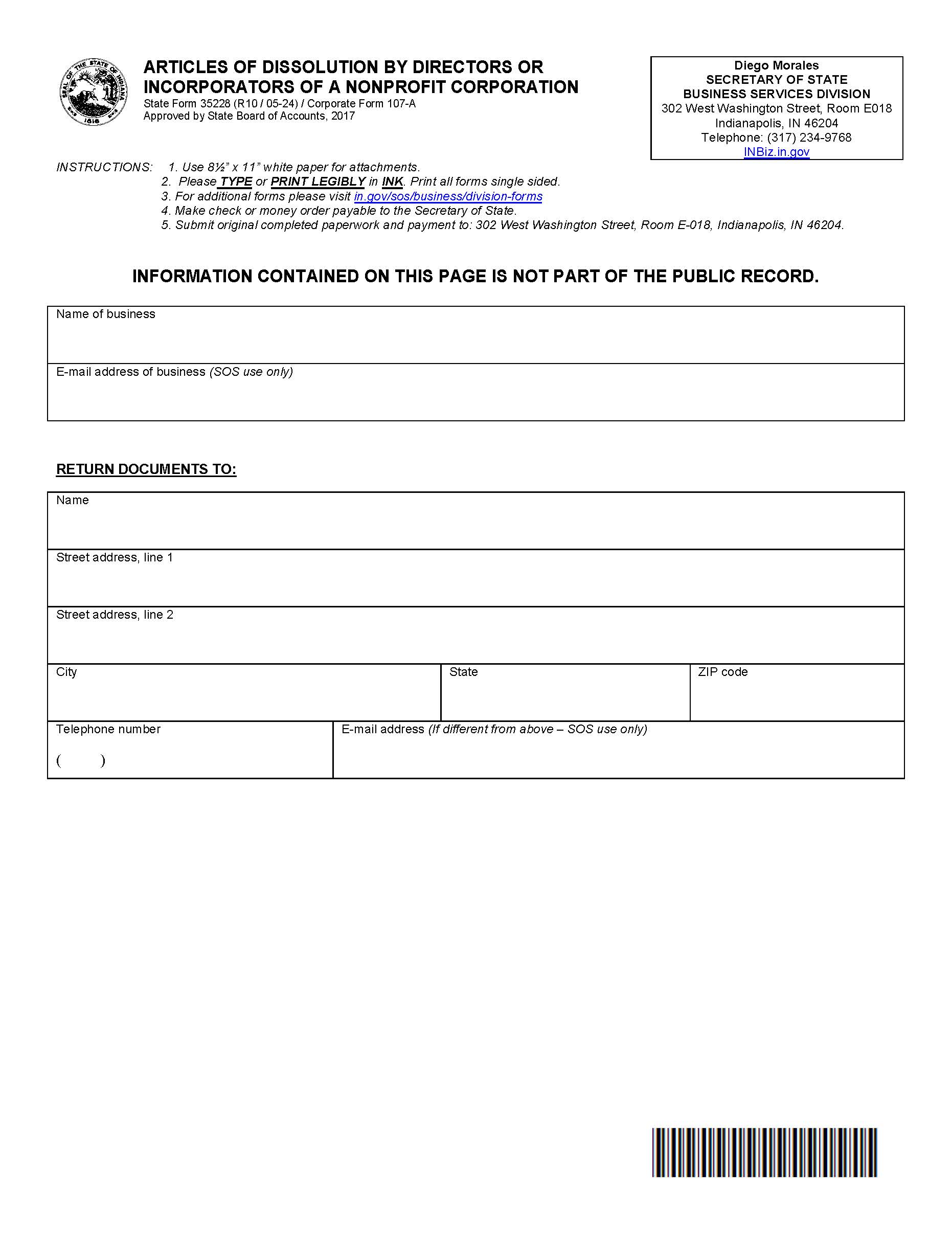 Articles Of Dissolution By Directors Or Incorporators Of Nonprofit Corporation {35228} | Pdf Fpdf Docx | Indiana