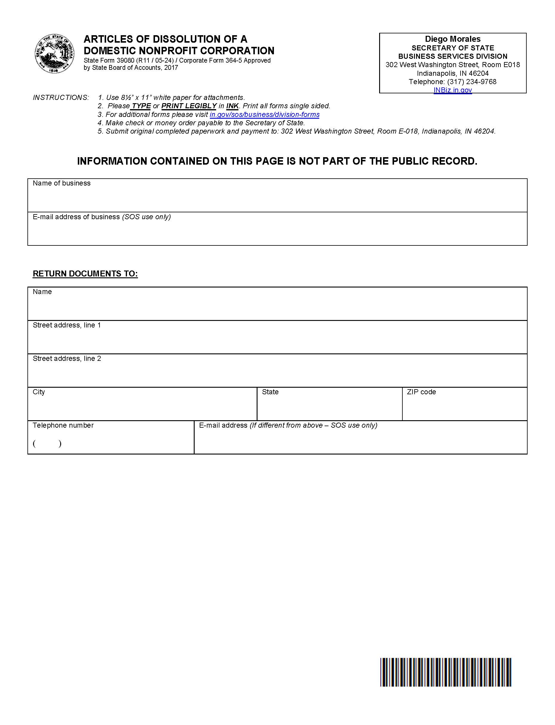 Articles Of Dissolution Of Domestic Nonprofit Corporation {39080} | Pdf Fpdf Docx | Indiana