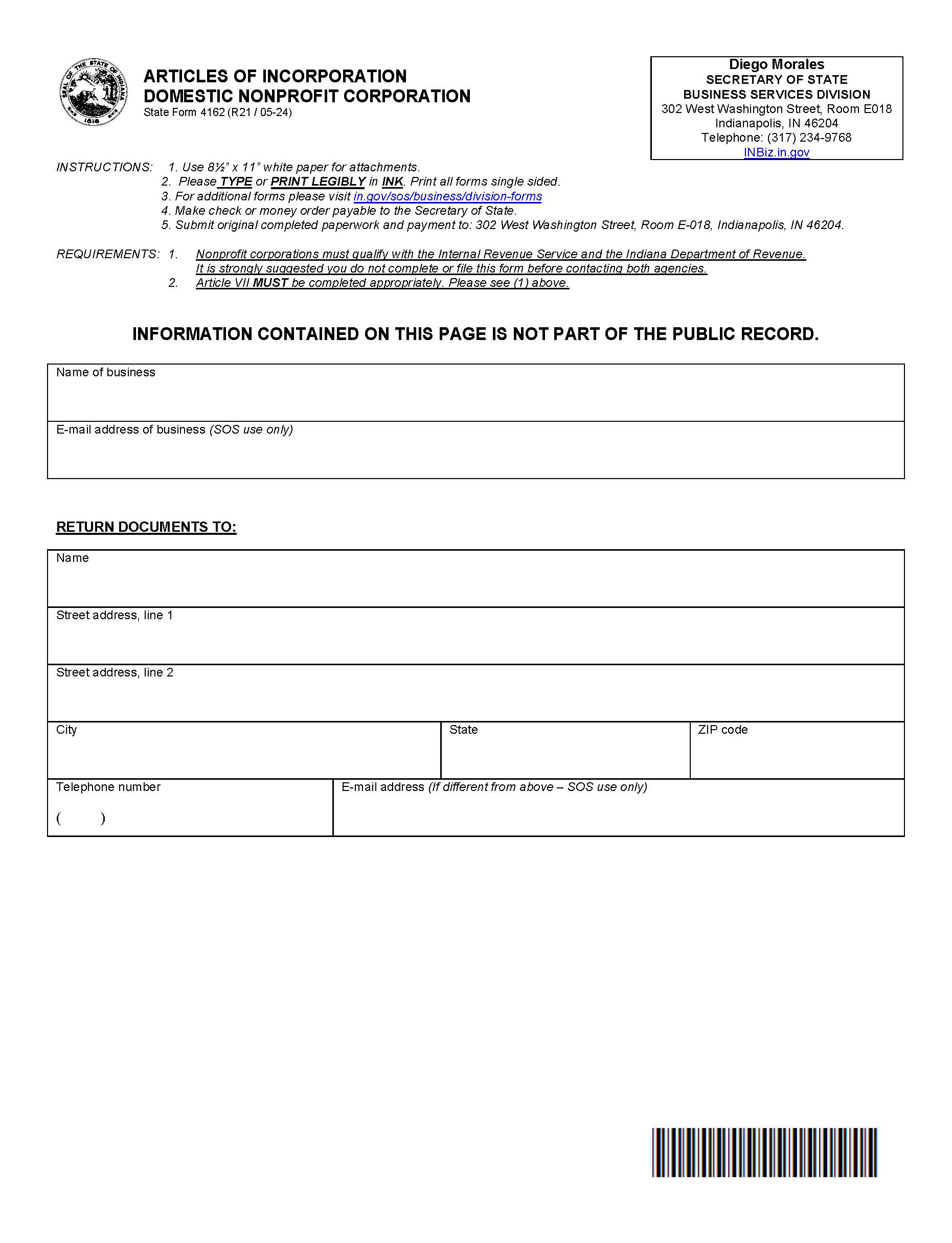 Articles Of Incorporation For Nonprofit Corporation {4162} | Pdf Fpdf Docx | Indiana