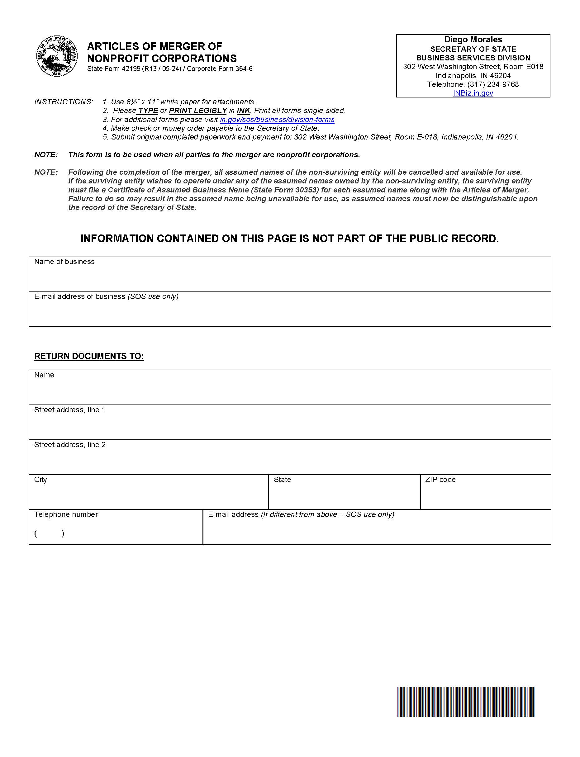 Articles Of Merger Of Nonprofit Corporations {42199} | Pdf Fpdf Docx | Indiana