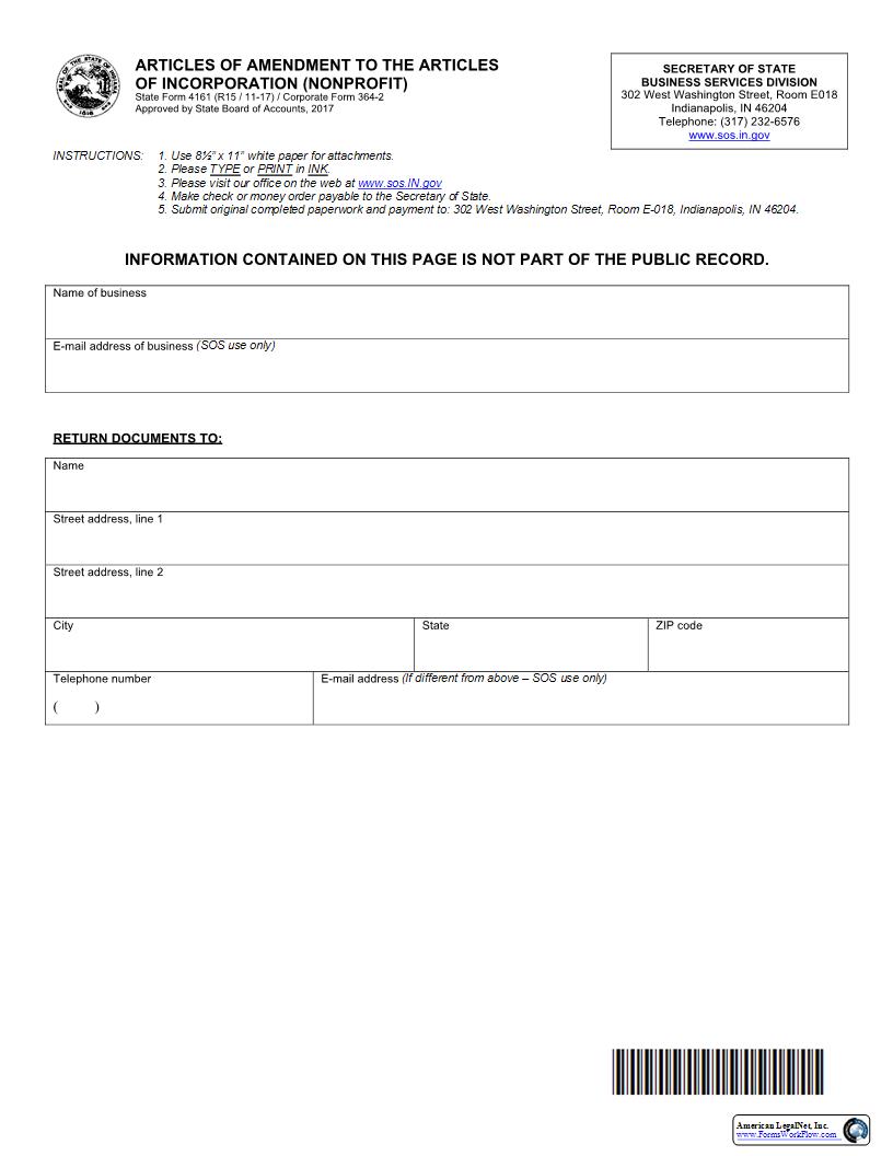 Articles Of Amendment To Articles Of Incorporation {4161} |  | Indiana