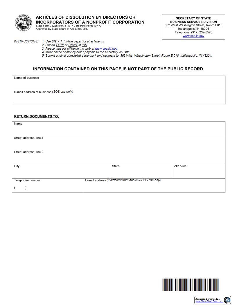 Articles Of Dissolution By Directors Or Incorporators Of Nonprofit Corporation {35228} |  | Indiana