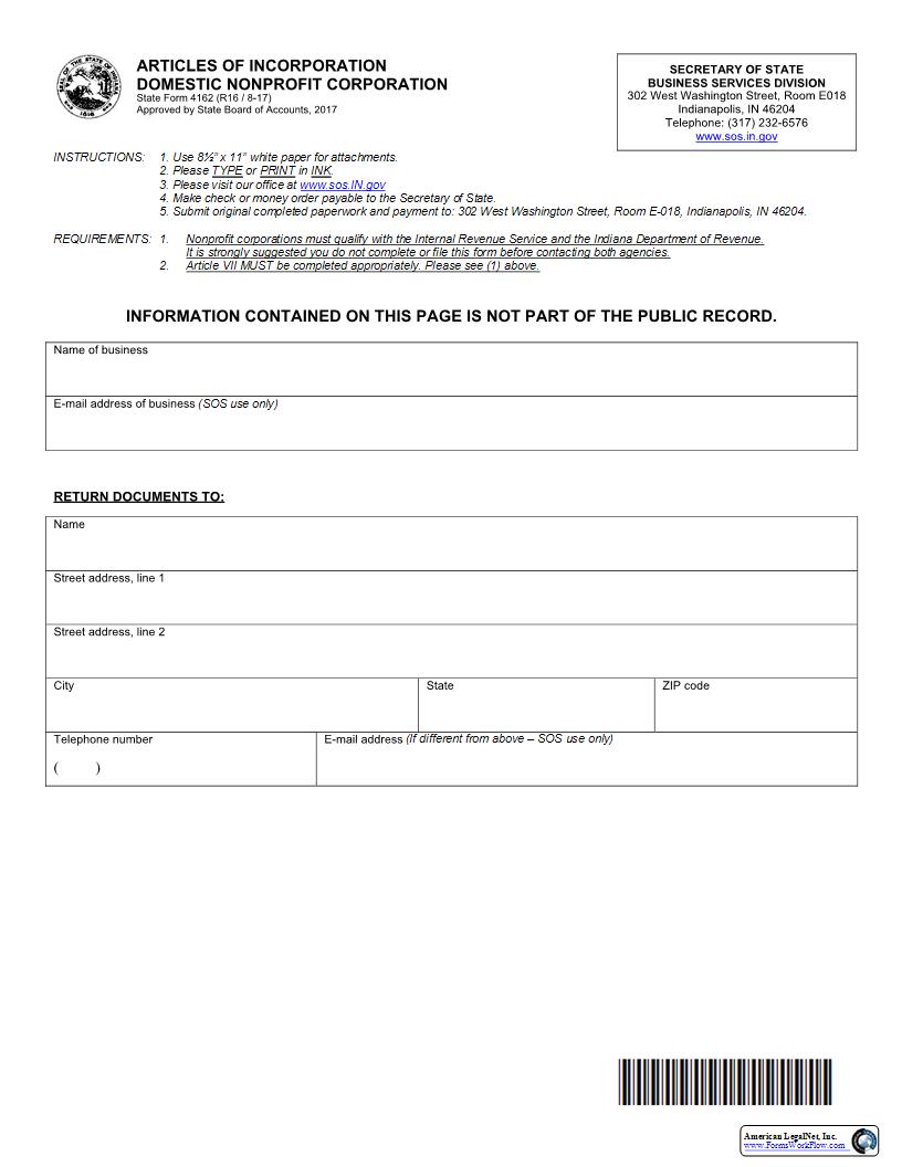 Articles Of Incorporation For Nonprofit Corporation {4162} |  | Indiana