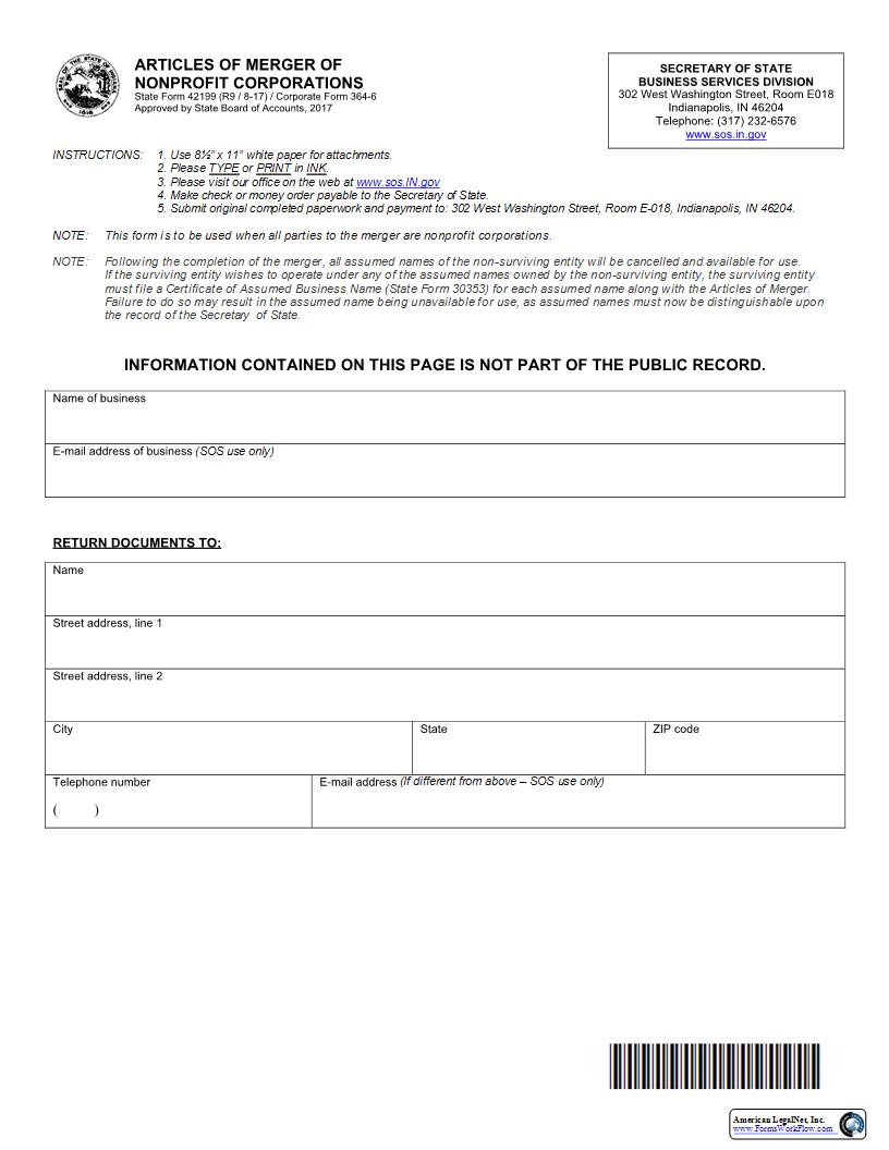 Articles Of Merger Of Nonprofit Corporations {42199} |  | Indiana