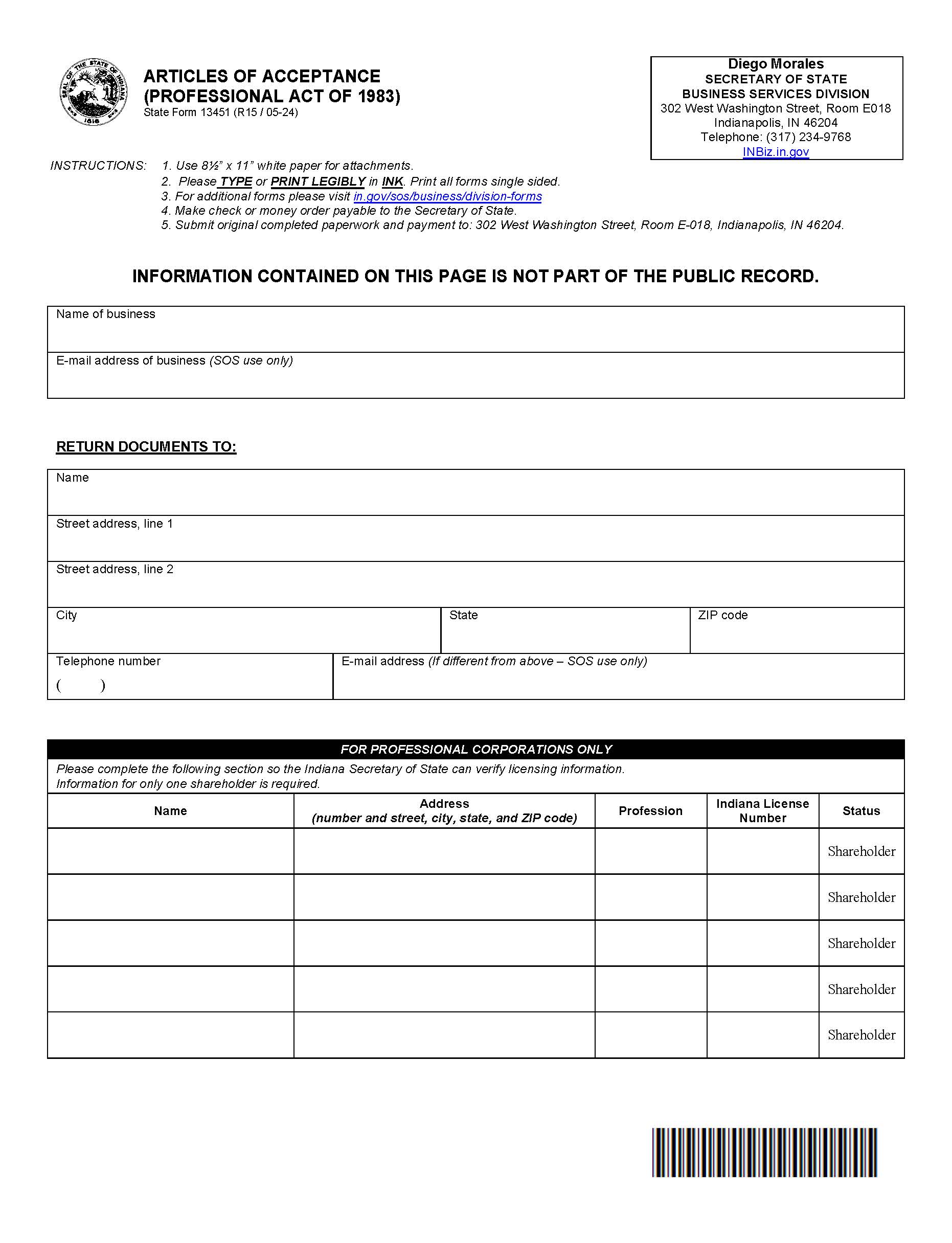 Articles Of Acceptance Professional Act Of 1983 {13451} | Pdf Fpdf Docx | Indiana