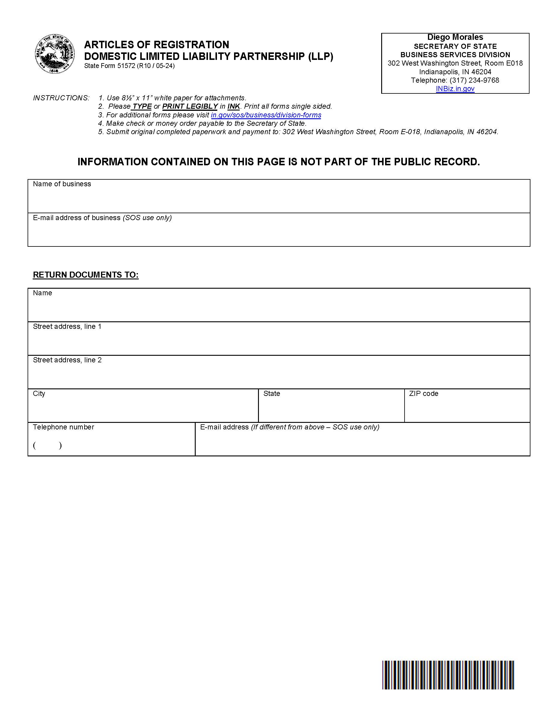 Articles Of Registration Domestic LLP {51572} | Pdf Fpdf Docx | Indiana