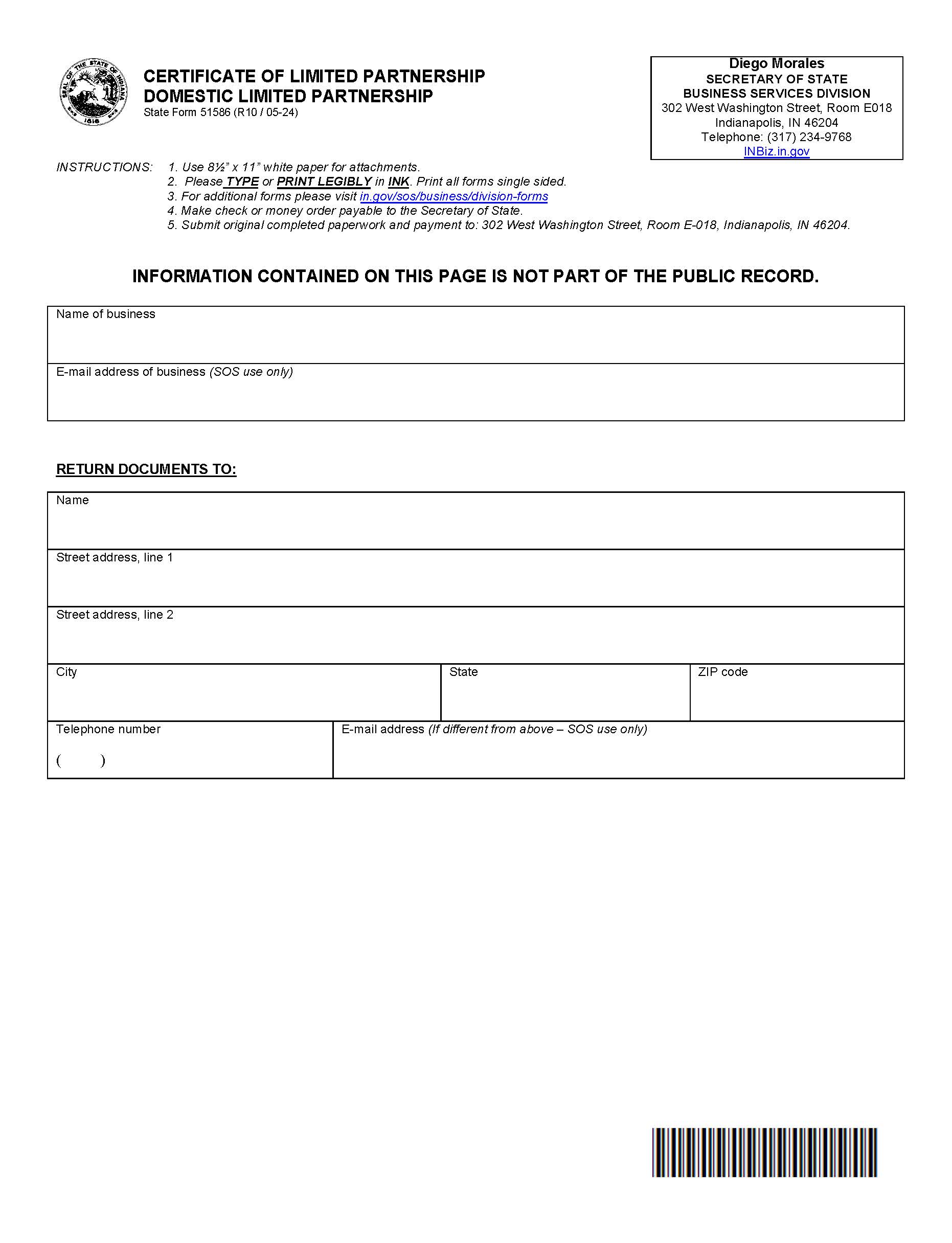 Certificate Of Limited Partnership {51586} | Pdf Fpdf Docx | Indiana