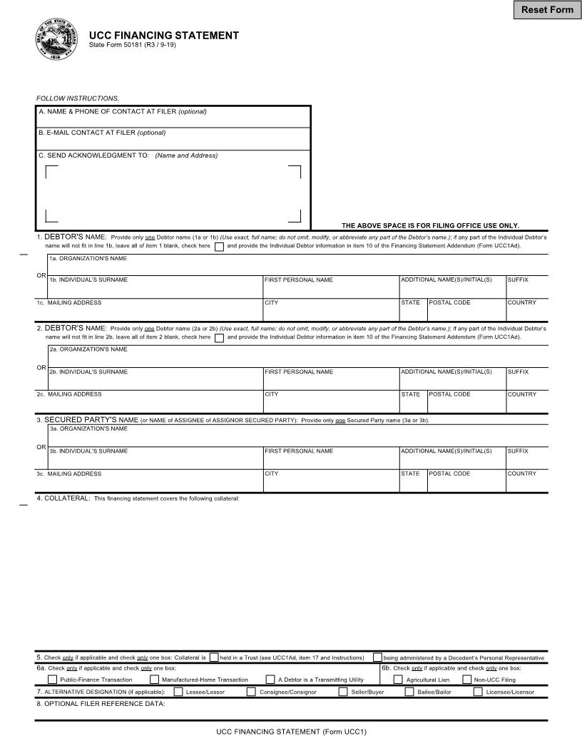 UCC Financing Statement (Form UCC1) {50181} | Pdf Fpdf Docx | Indiana