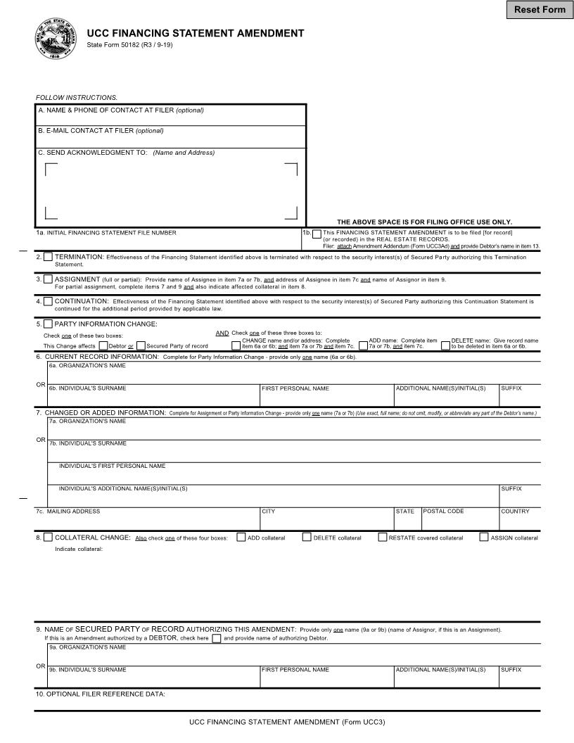 UCC Financing Statement Amendment (Form UCC3) {50182} | Pdf Fpdf Docx | Indiana