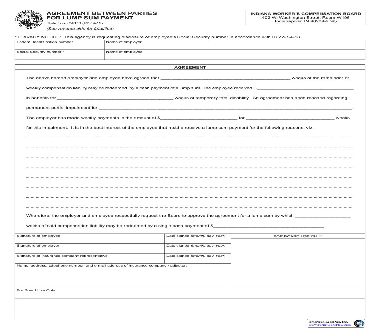 Agreement Between Parties For Lump Sum Payment {34873} | Pdf Fpdf Doc Docx | Indiana