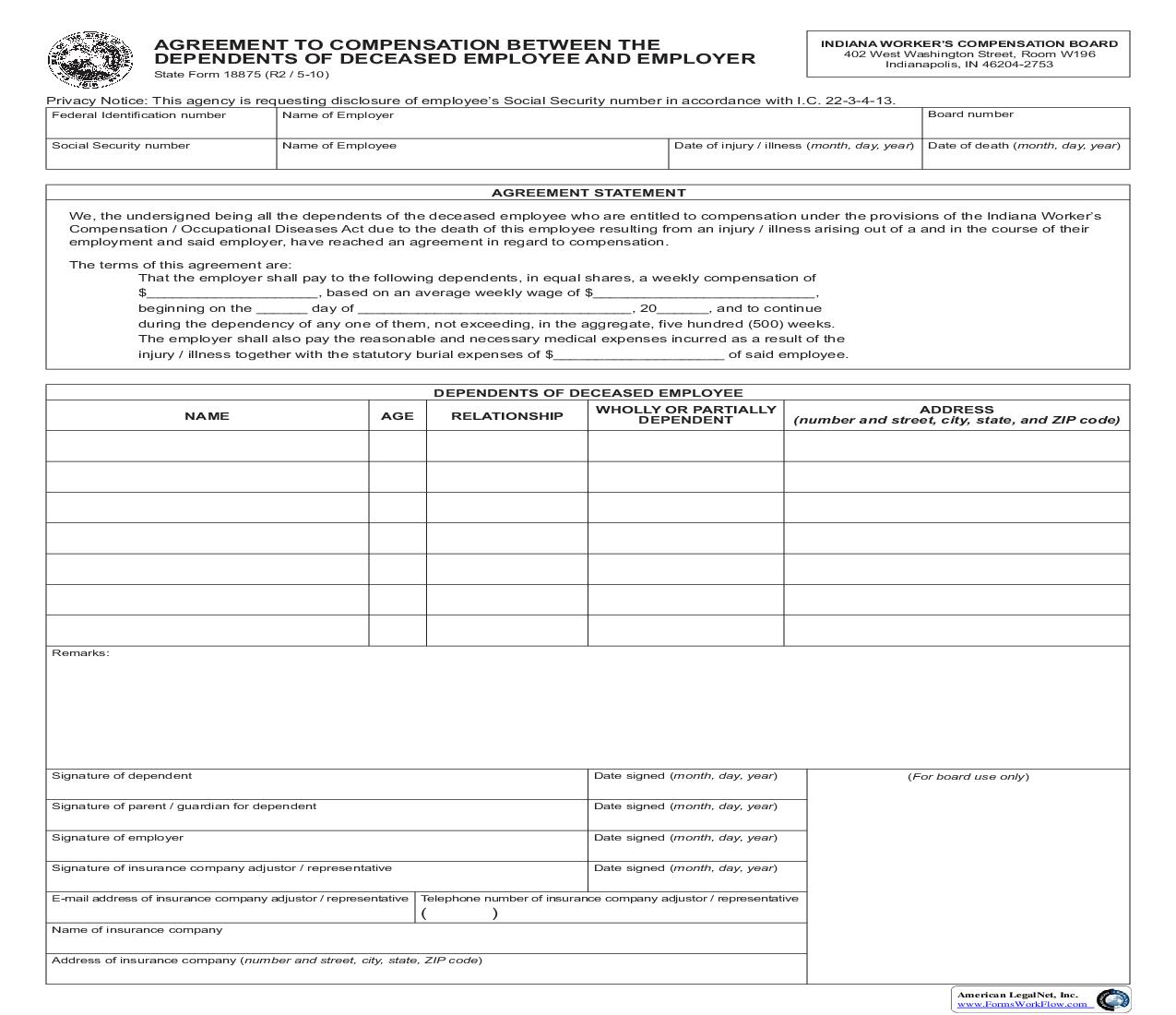 Agreement To Compensation Between The Dependents Of Deceased Employee And Employer {18875} | Pdf Fpdf Doc Docx | Indiana