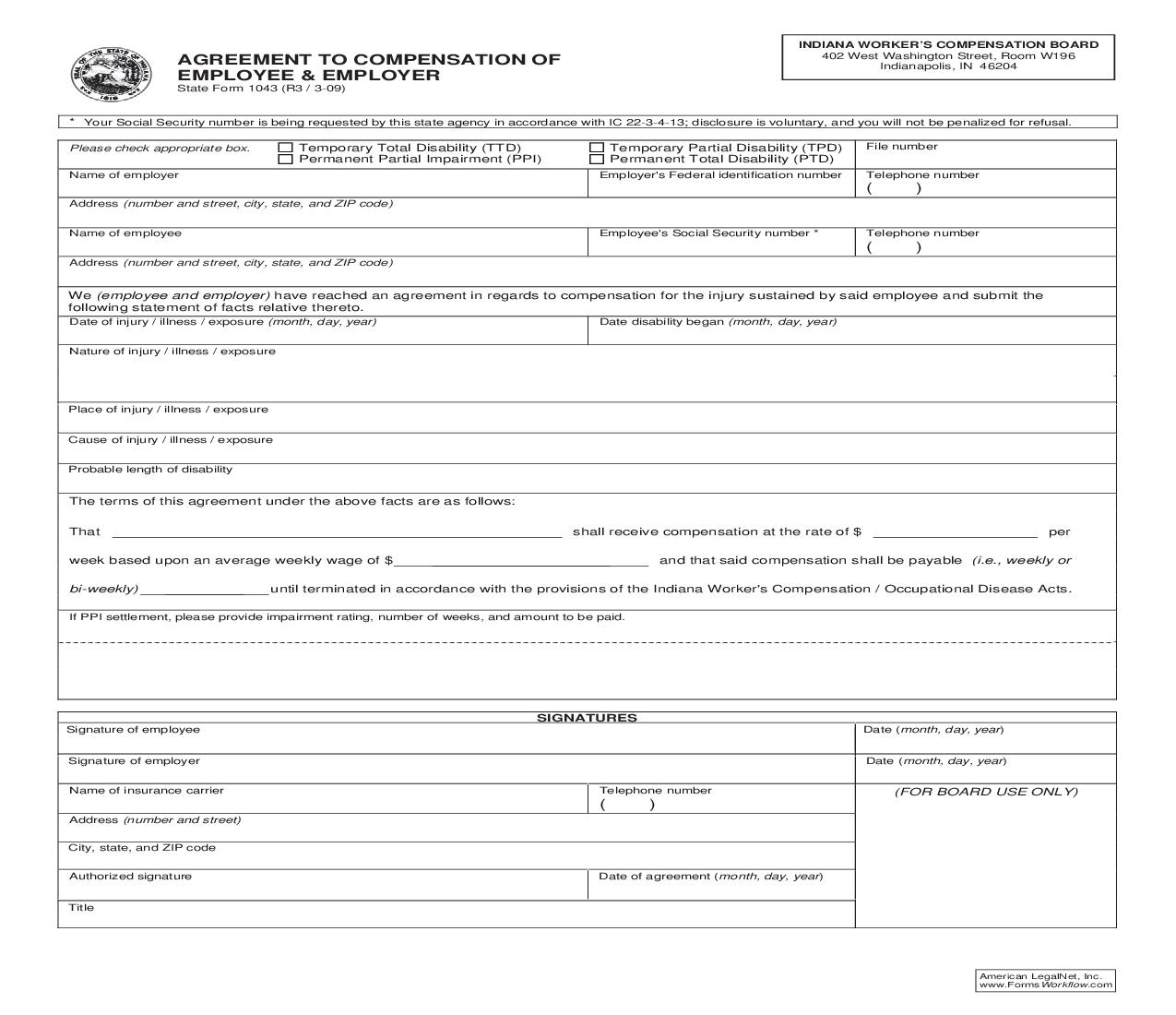 Agreement To Compensation Of Employee And Employer {1043} | Pdf Fpdf Doc Docx | Indiana