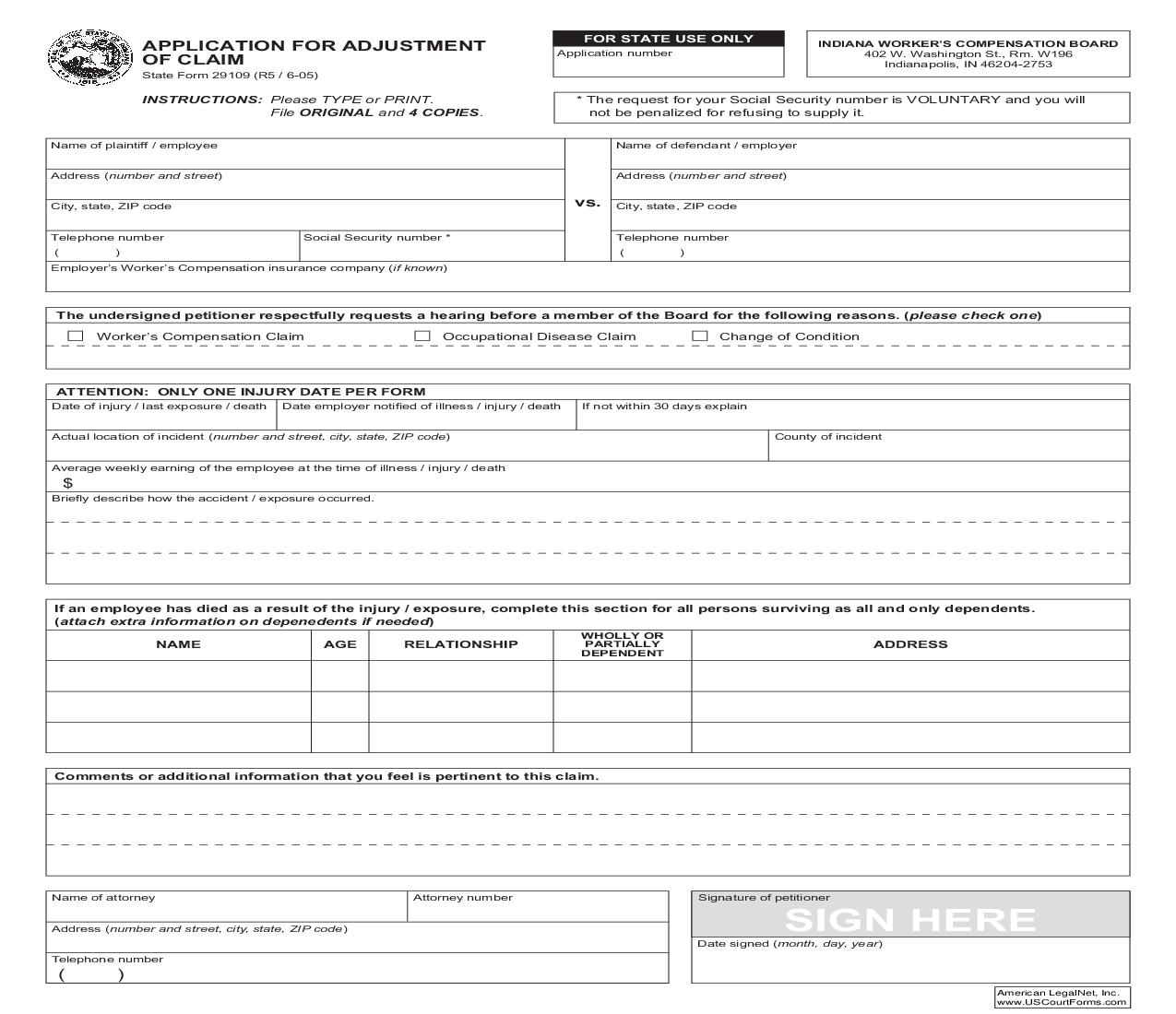 Application For Adjustment Of Claim {29109} | Pdf Fpdf Doc Docx | Indiana
