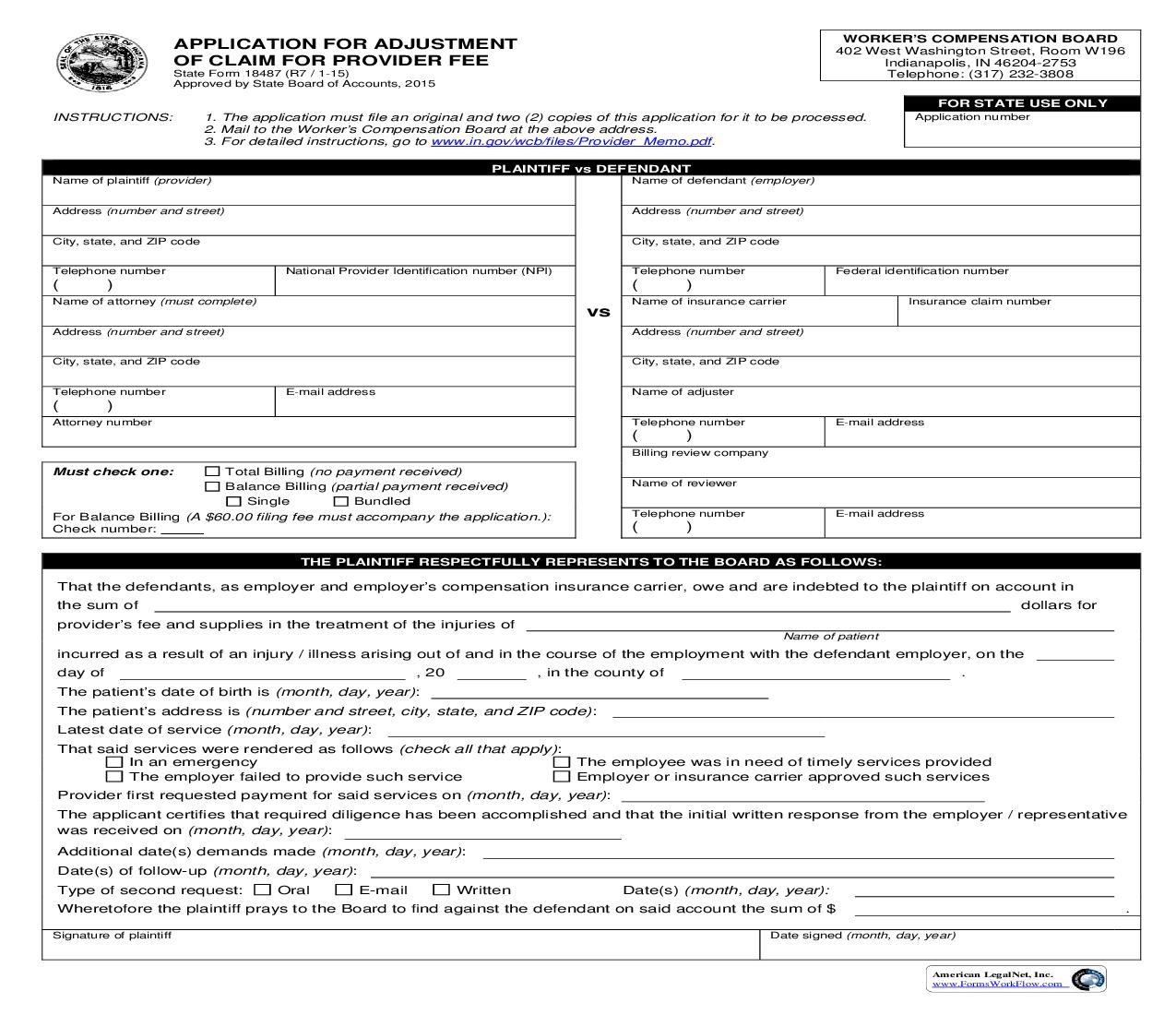 Application For Adjustment Of Claim For Provider Fee {18487} | Pdf Fpdf Doc Docx | Indiana