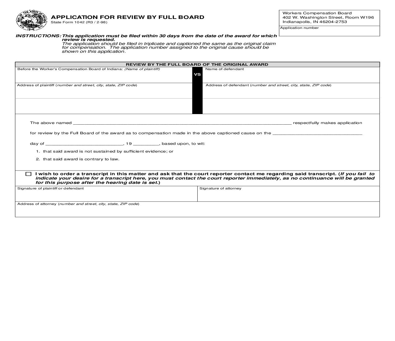 Application For Review By Full Board {1042} | Pdf Fpdf Doc Docx | Indiana