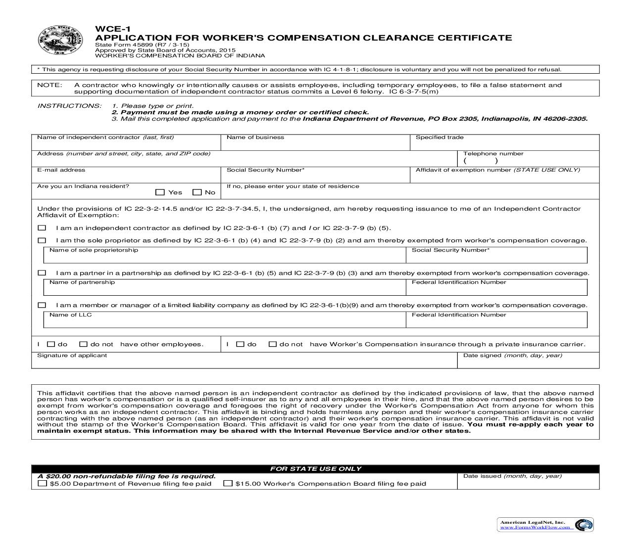 Application For Workers Compensation Clearance Certificate {45899} | Pdf Fpdf Doc Docx | Indiana