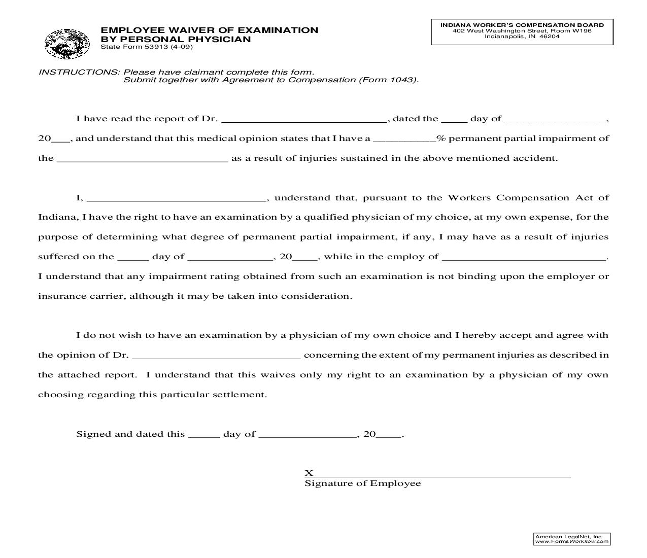Employee Waiver Of Examination By Personal Physician {53913} | Pdf Fpdf Doc Docx | Indiana