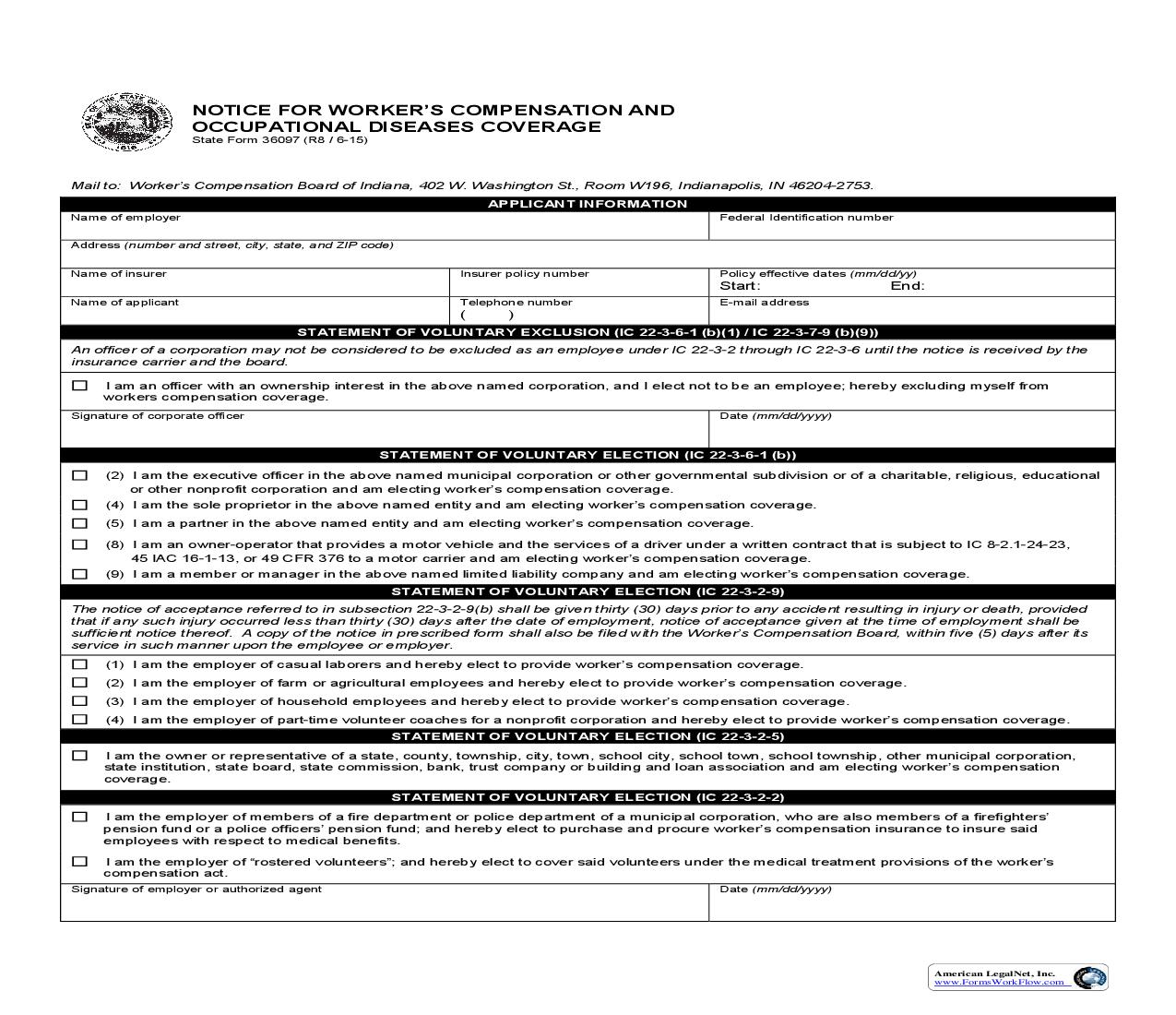 Notice For Workers Compensation And Occupational Diseases Coverage {36097} | Pdf Fpdf Doc Docx | Indiana