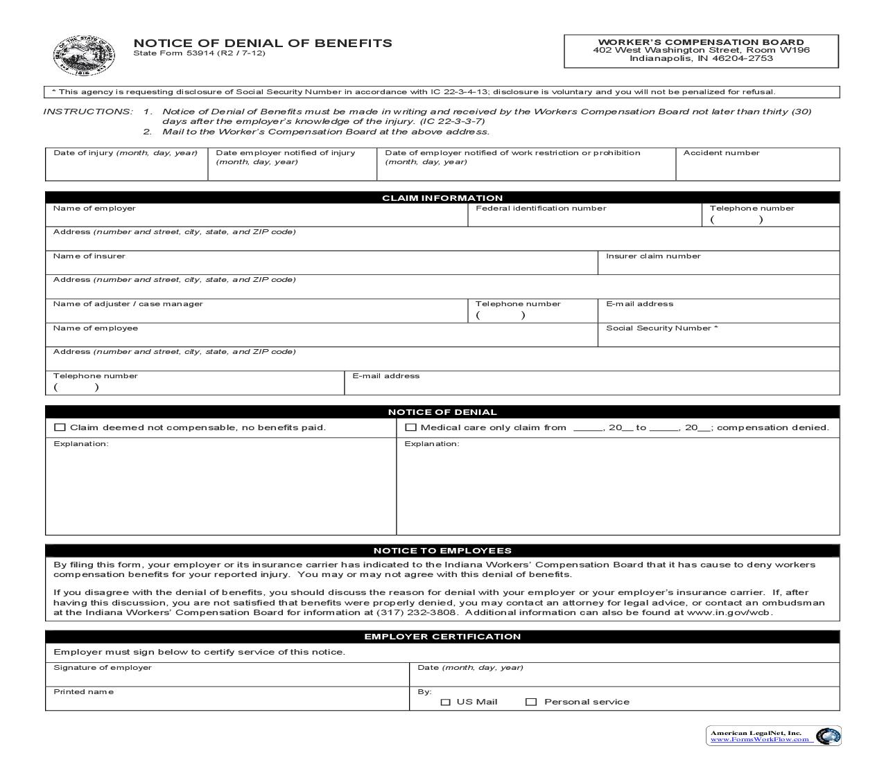 Notice Of Denial Of Benefits {53914} | Pdf Fpdf Doc Docx | Indiana