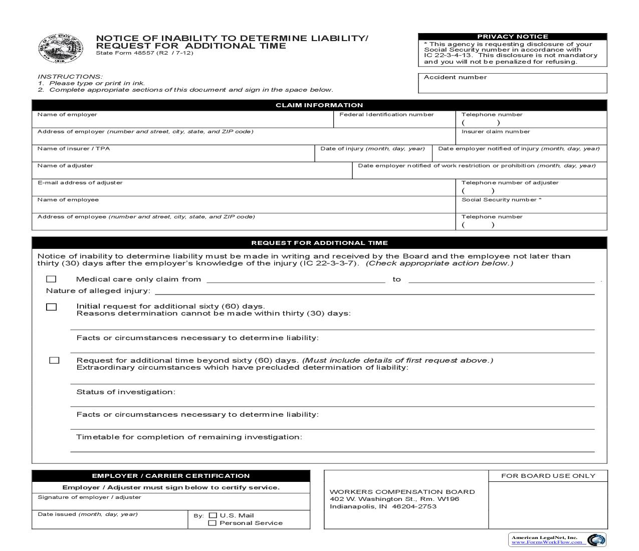Notice Of Inability To Determine Liability Or Request For Additional Time {48557} | Pdf Fpdf Doc Docx | Indiana