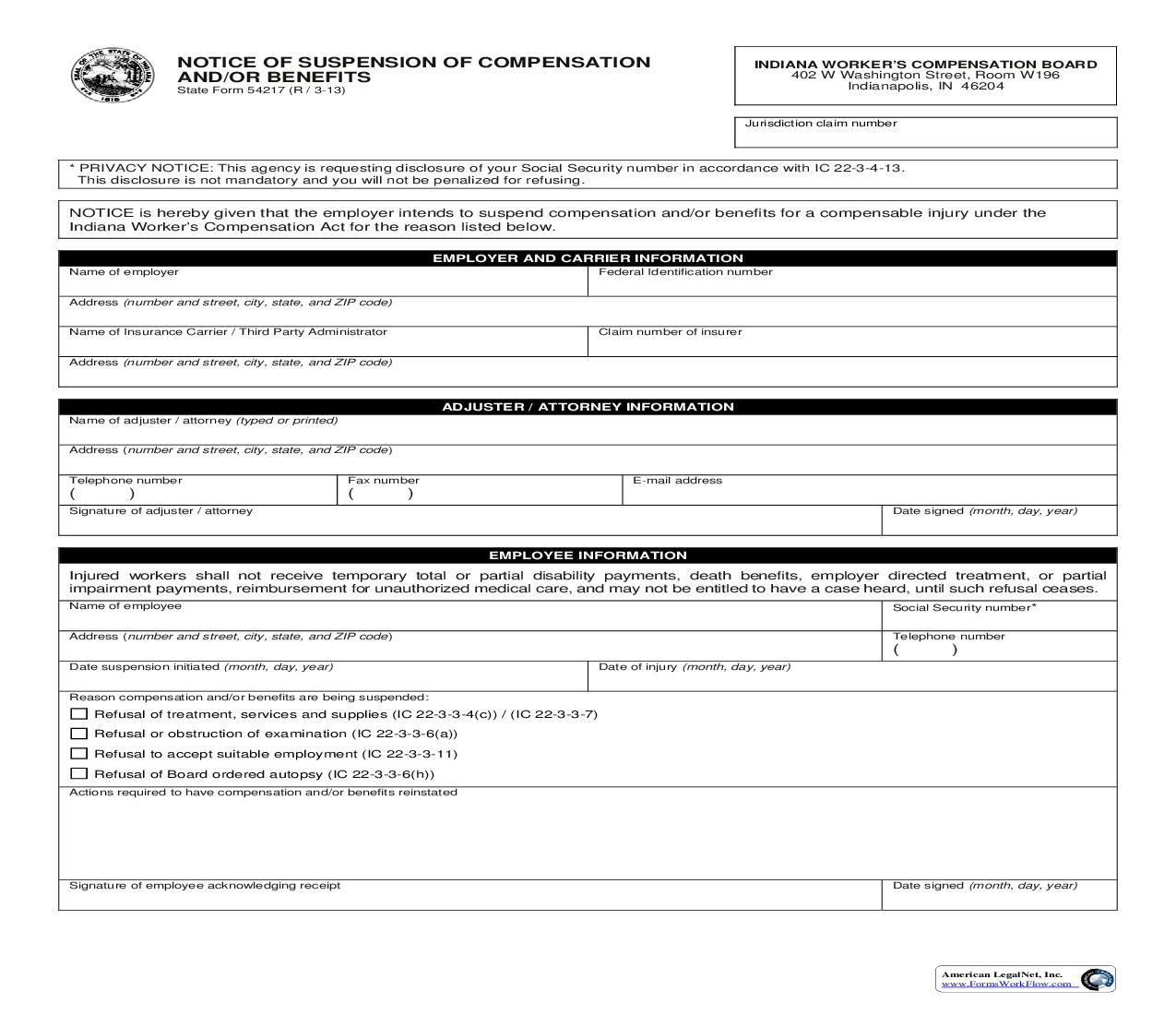Notice Of Suspension Of Compensation And Or Benefits {54217} | Pdf Fpdf Doc Docx | Indiana
