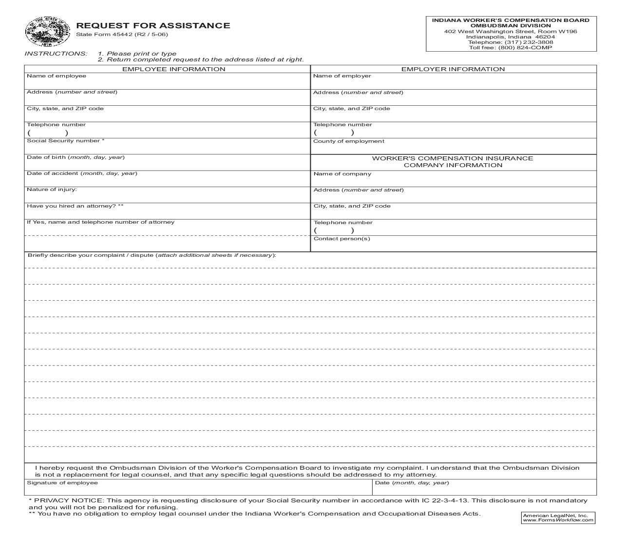 Request For Assistance {45442} | Pdf Fpdf Doc Docx | Indiana